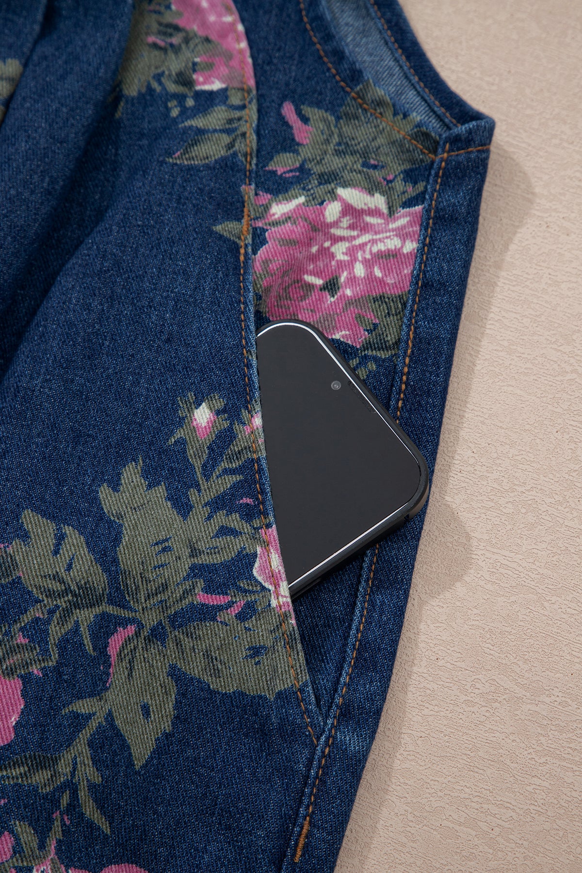 Floral Print Pleated Wide Leg Denim Jumpsuit
