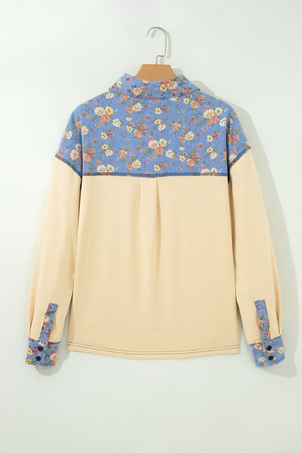 Floral Denim Patchwork Collar Long Sleeve Pullover Top