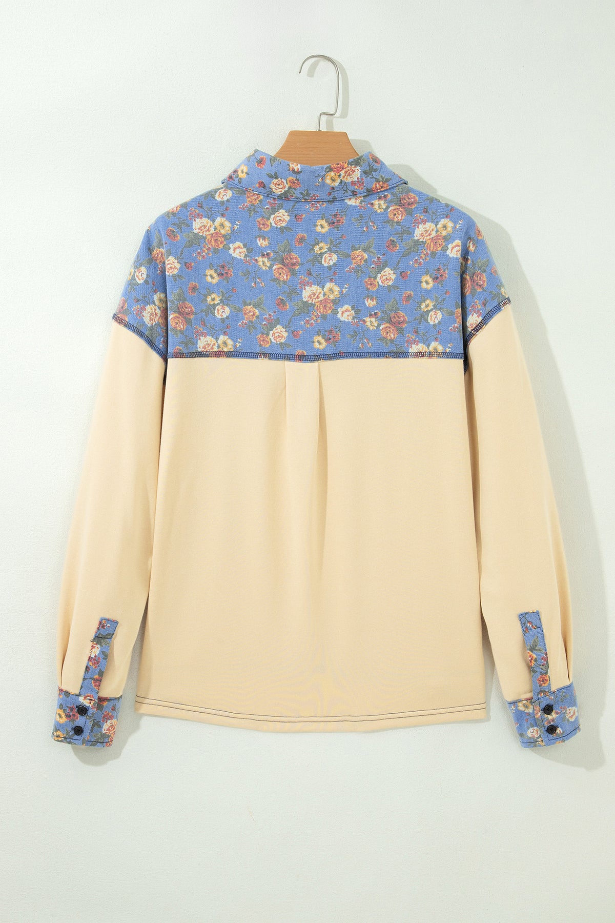 Floral Denim Patchwork Collar Long Sleeve Pullover Top