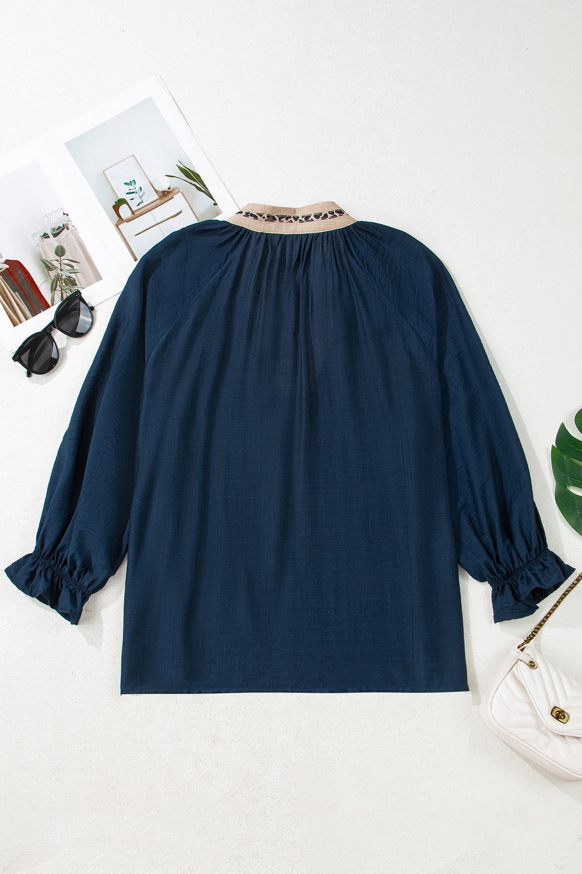 Plus Size Navy Blue Leopard Patchwork Blouse