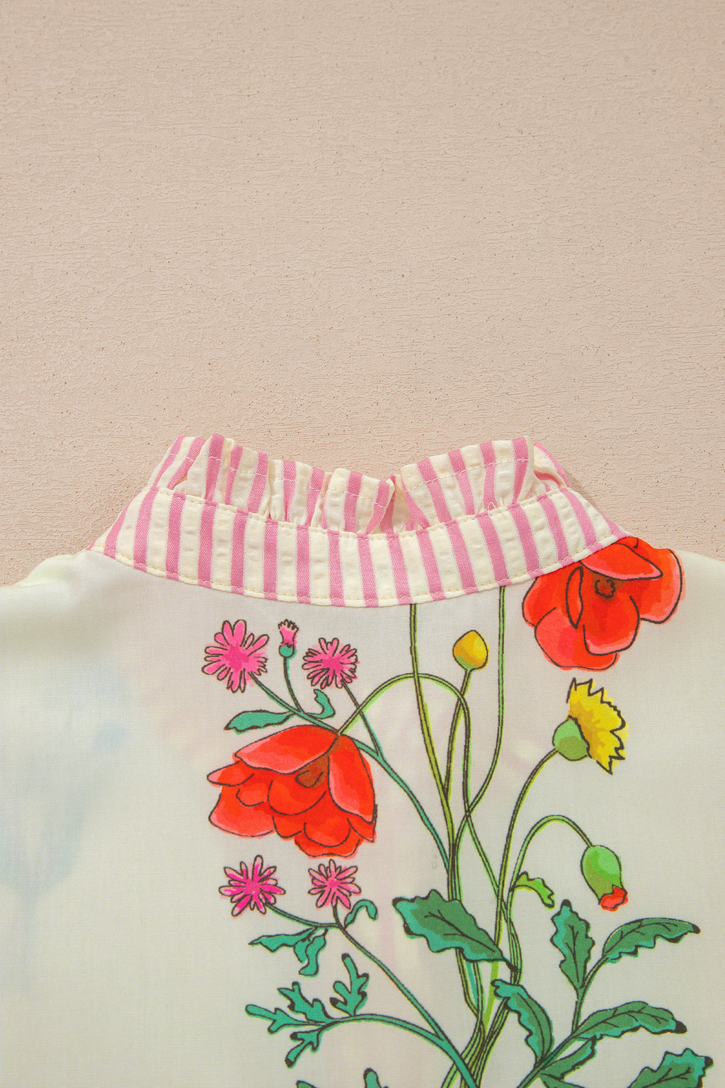 Beige Floral Striped Patchwork Ruffled Collar Shirt