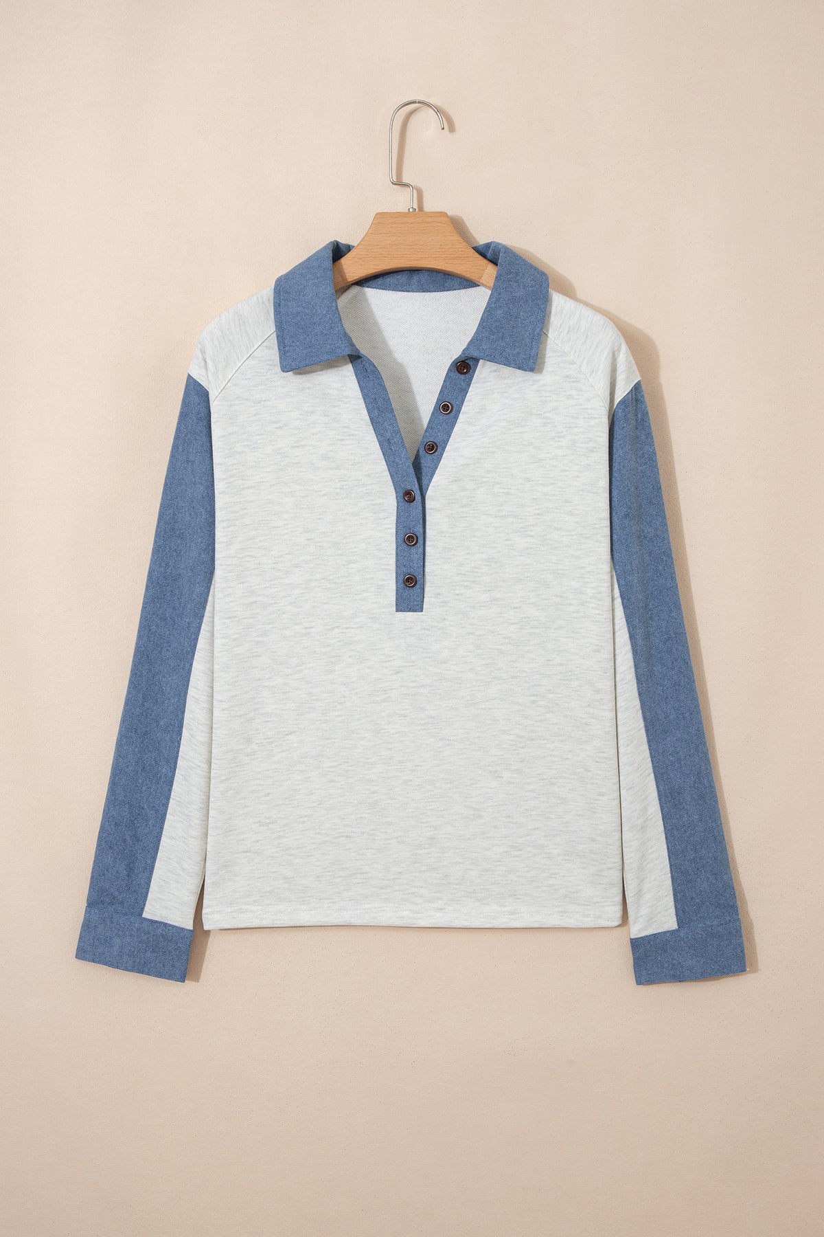 Denim  Polo Collar Long Sleeve Top