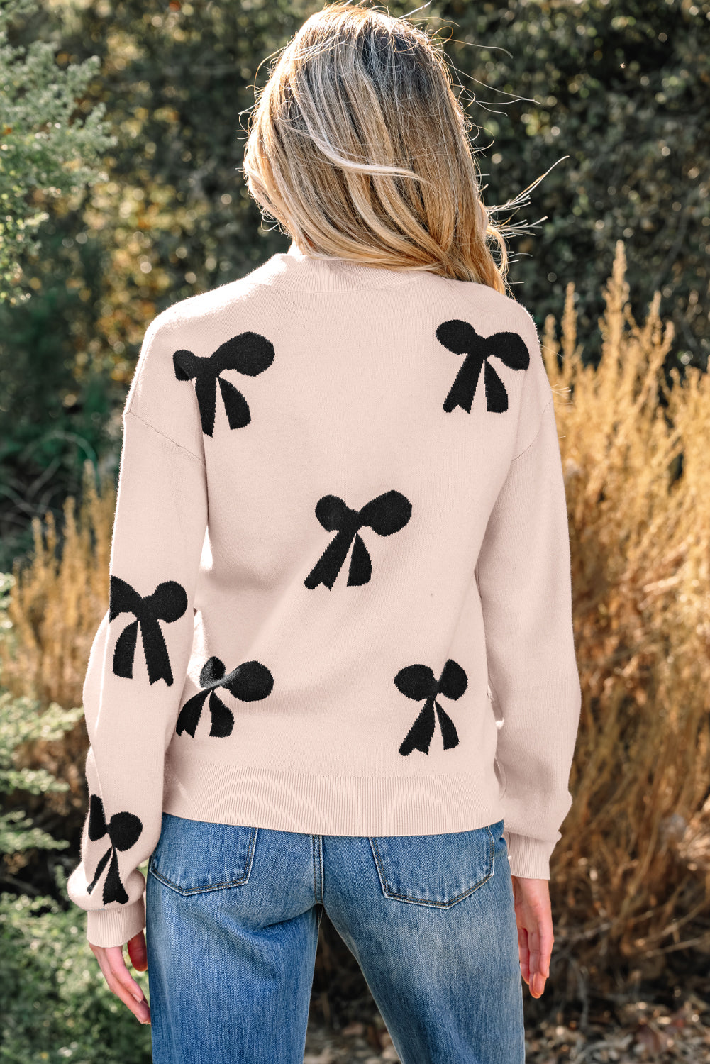 Pink Pearl Embellished Bow Pattern Sweater