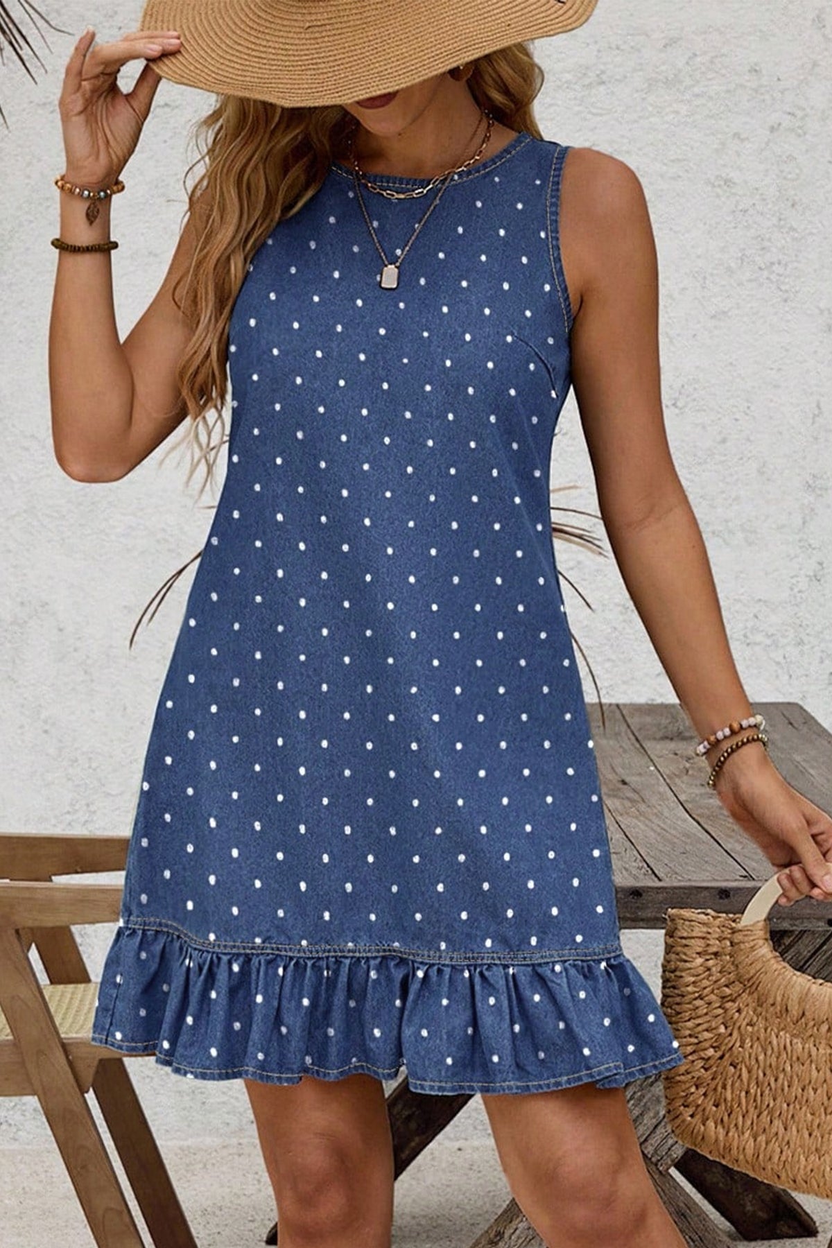 Blue Polka Dot Ruffle Hem Sleeveless Denim Dress