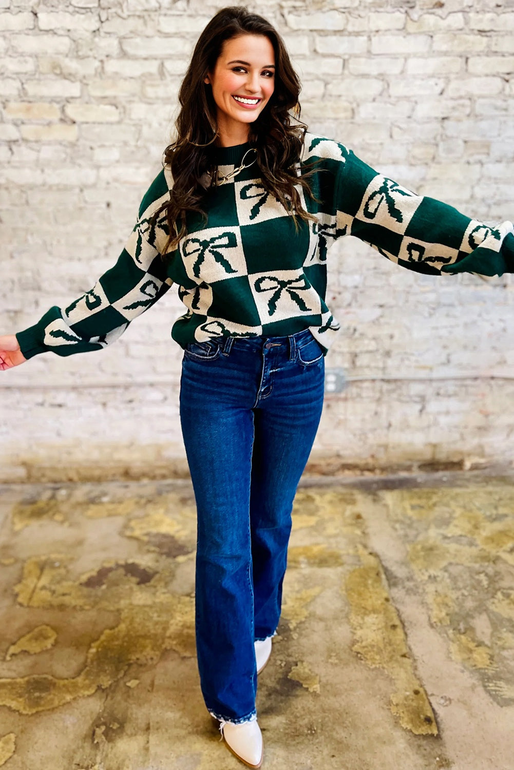 Green Checkered Bow Casual Sweater