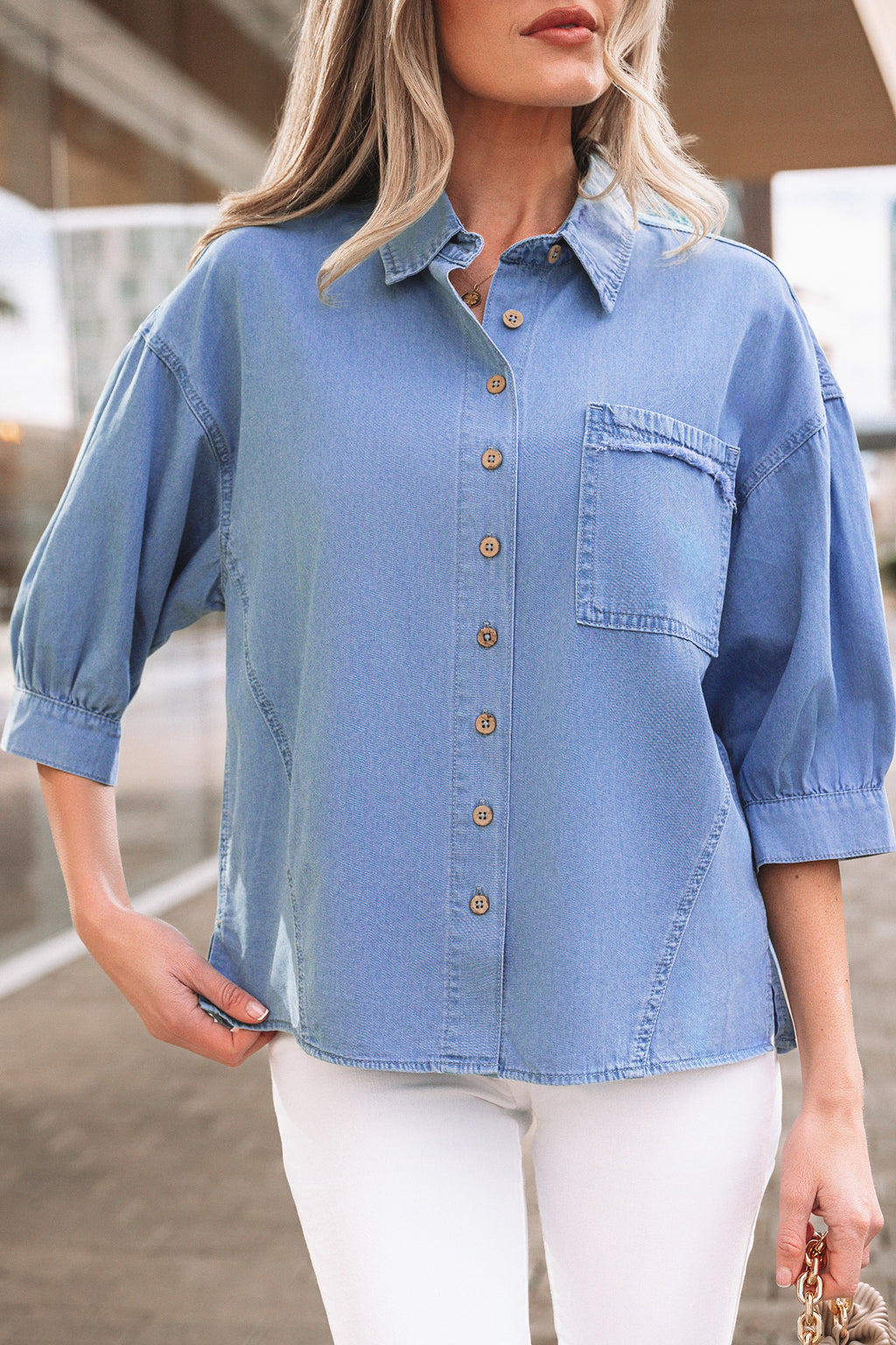Myosotis Washed Drop Shoulder Bracelet Sleeve Chambray Shirt