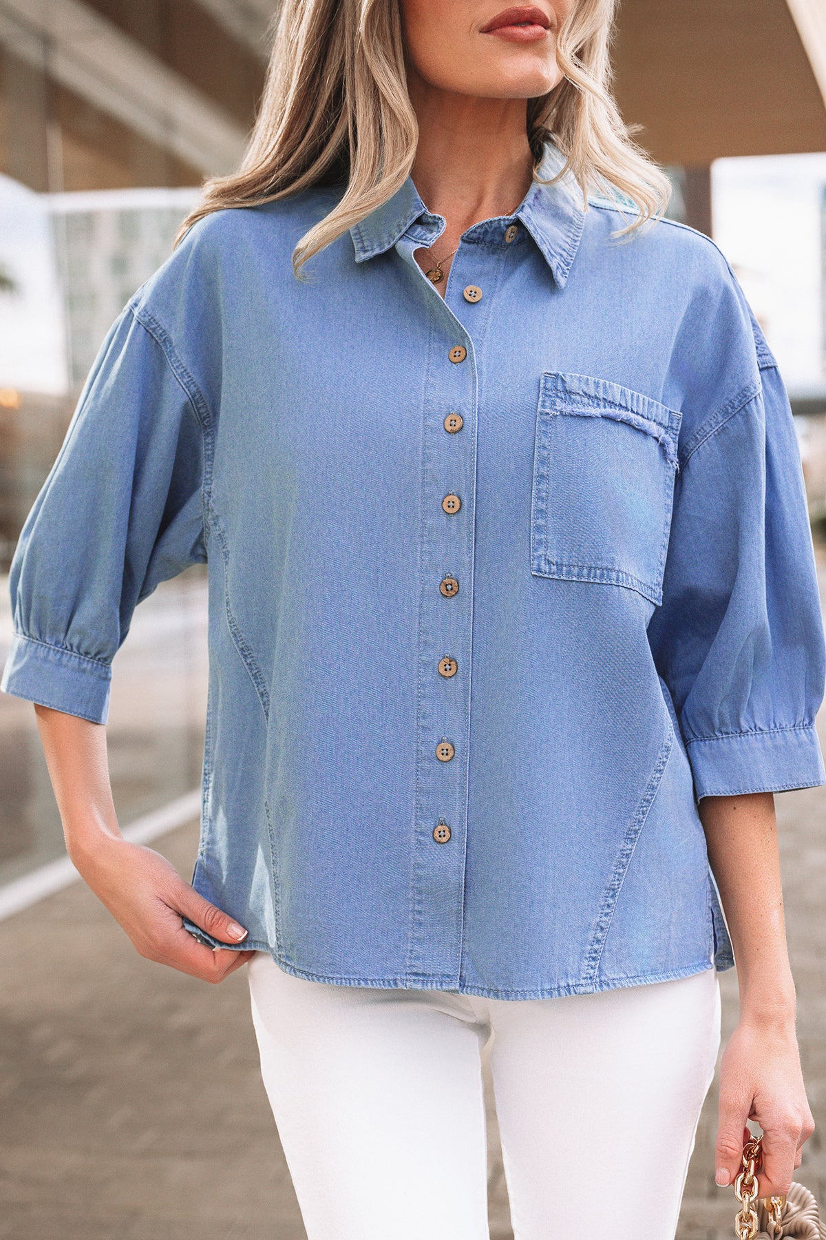 Myosotis Washed Drop Shoulder Bracelet Sleeve Chambray Shirt