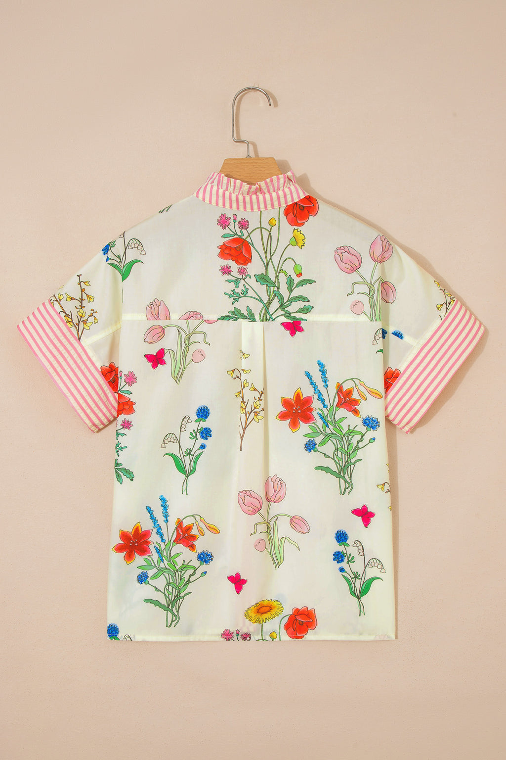 Beige Floral Striped Patchwork Ruffled Collar Shirt