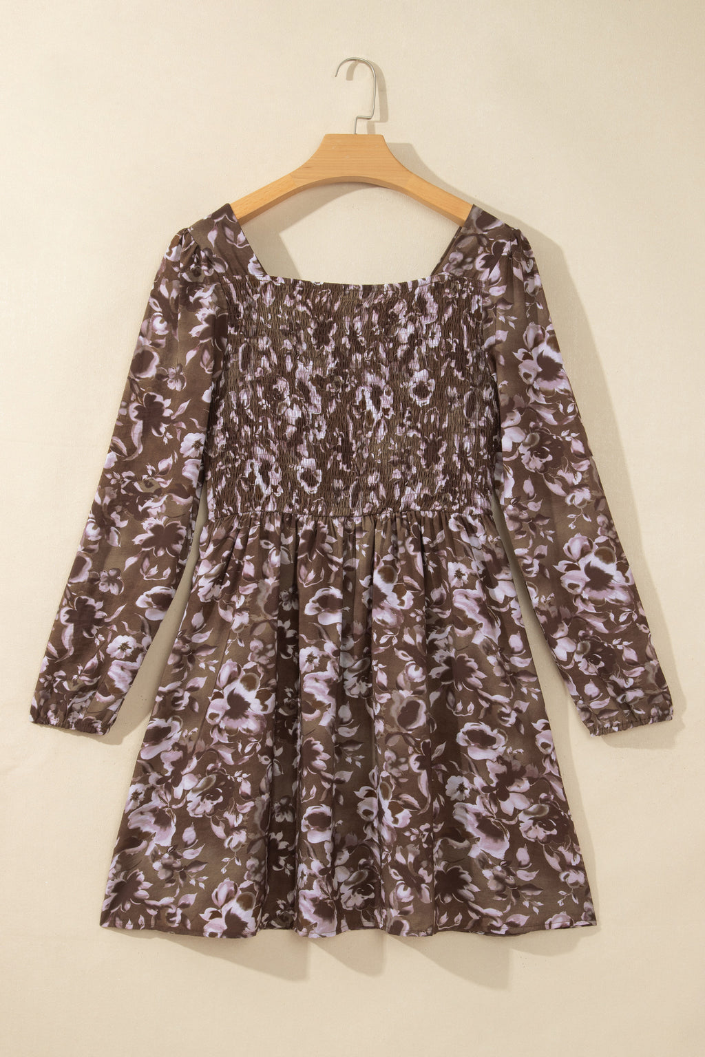 Brown Floral Print Square Neck Dress