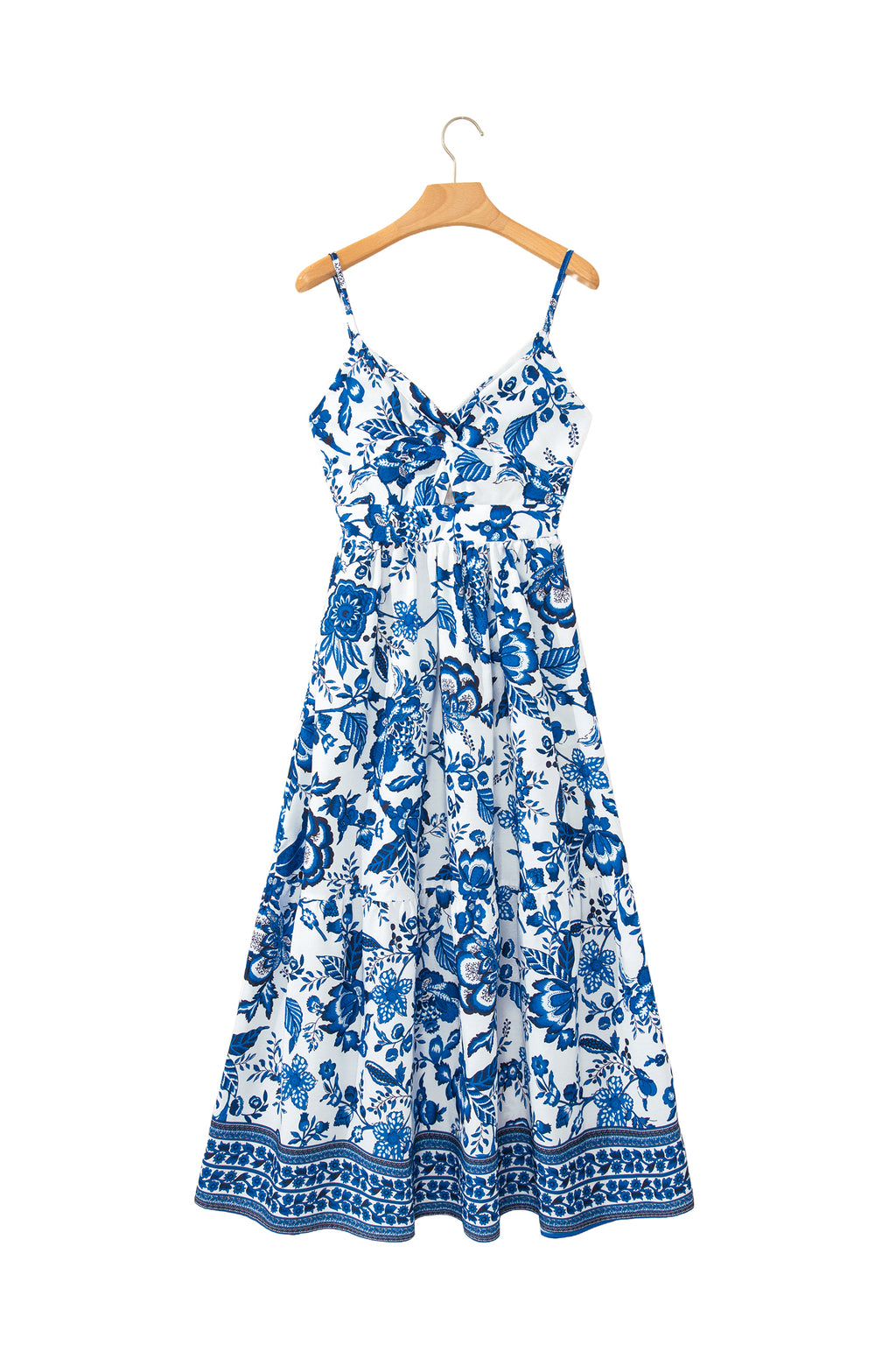 Sky Blue Spaghetti Straps Backless Floral Maxi Dress