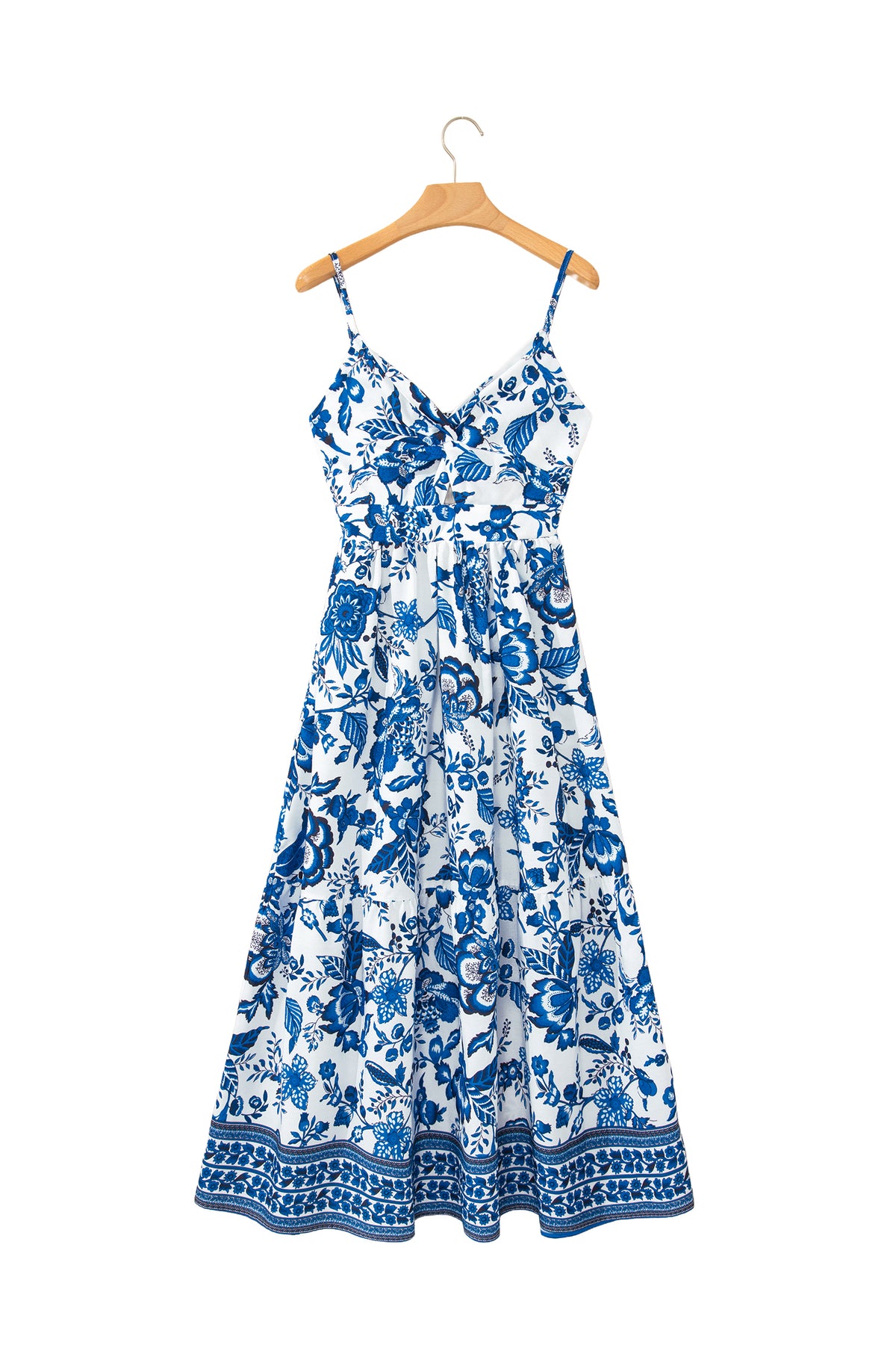 Sky Blue Spaghetti Straps Backless Floral Maxi Dress