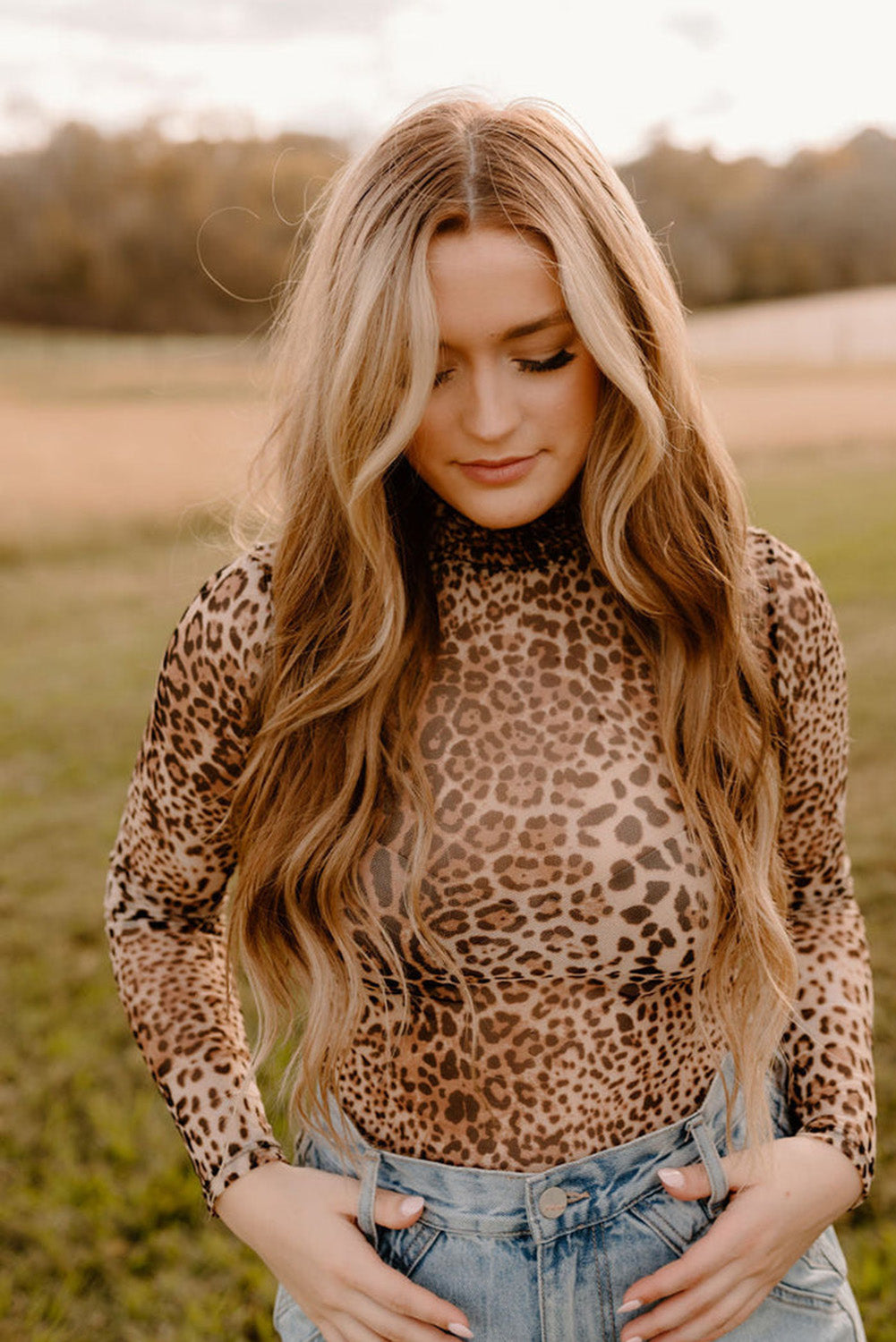 Brown Leopard Smocked Neck Mesh Bodysuit