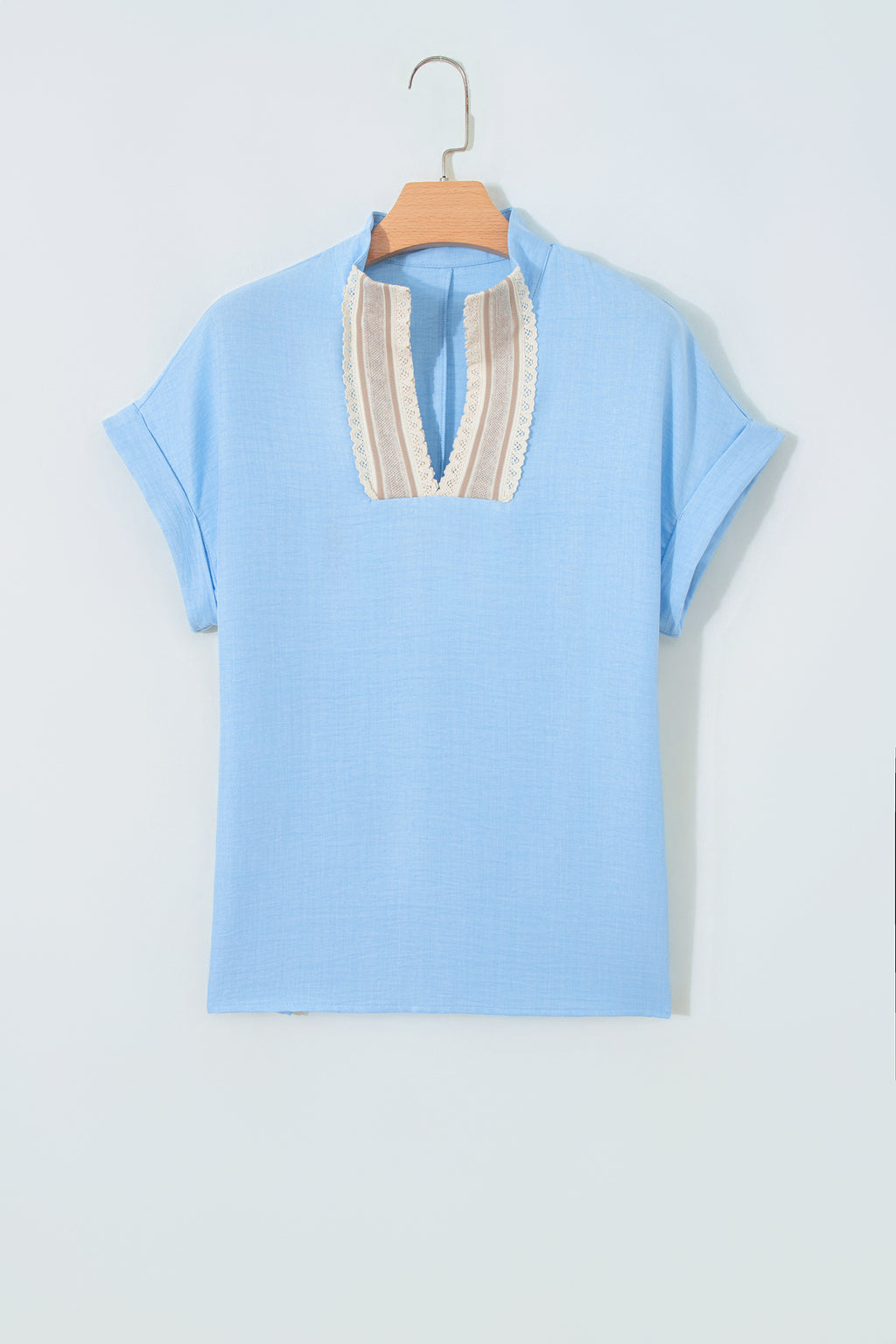 Blue Crochet Lace Accent Pullover Blouse