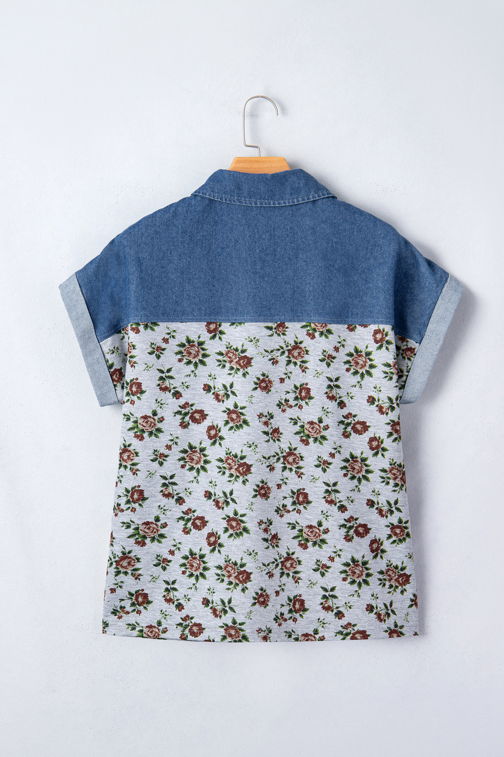 Floral Print Denim Buttoned Polo Collar Top