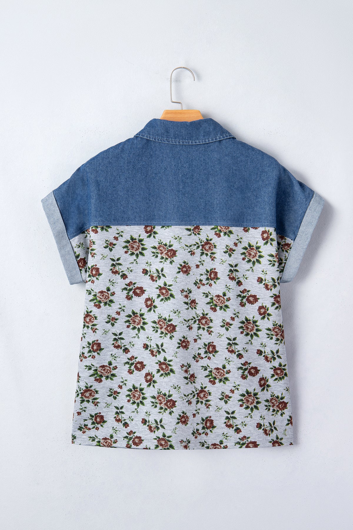 Floral Print Denim Buttoned Polo Collar Top
