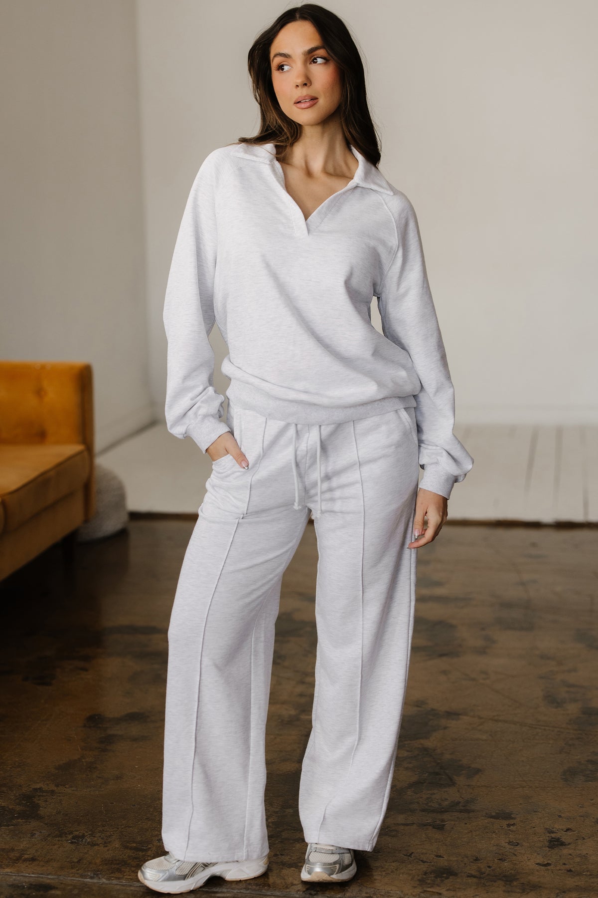 Dark Khaki Polo Collar V Neck Pullover and Drawstring Sweatpants Set