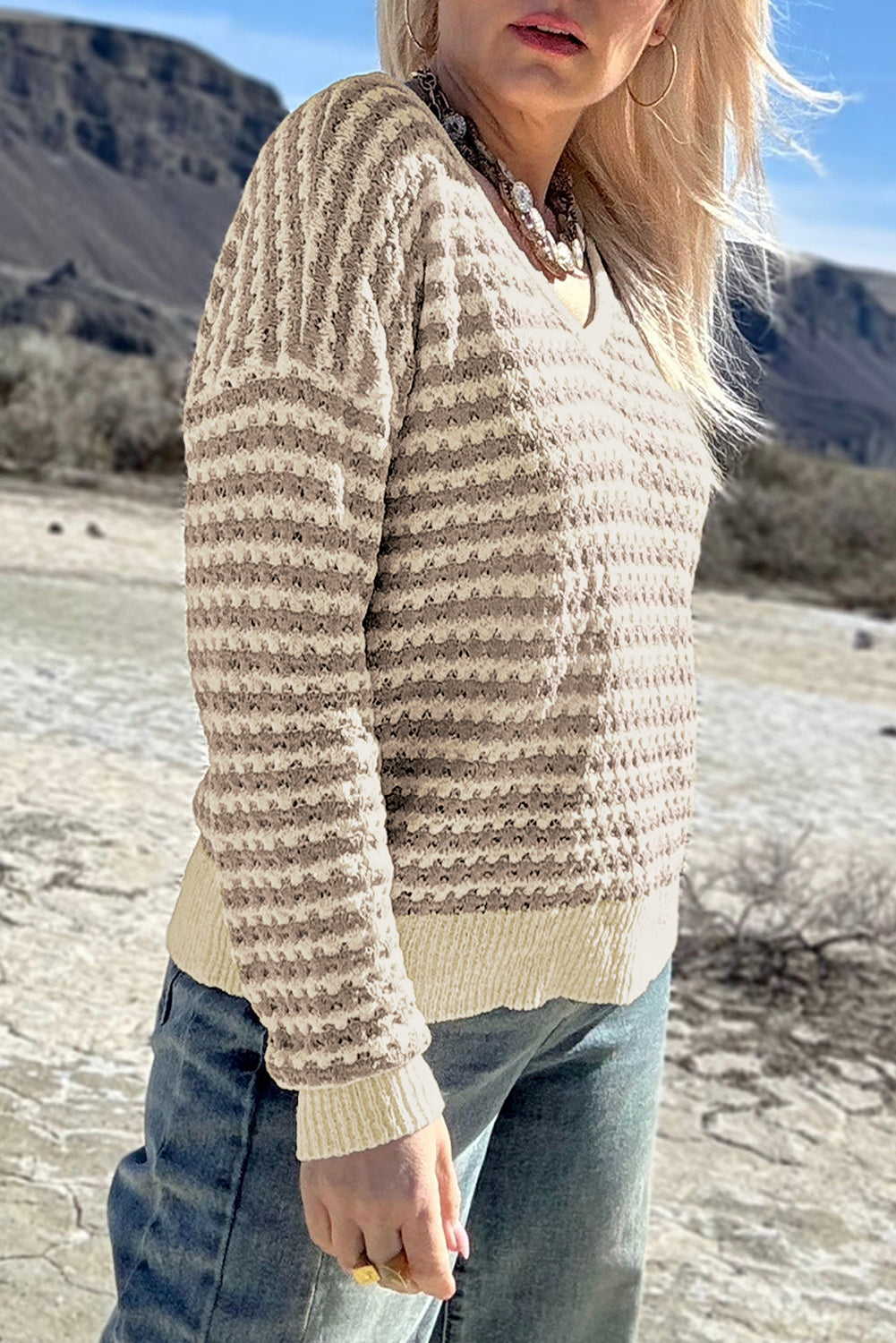 Khaki Stripe Plus Size V Neck Drop Shoulder Sweater