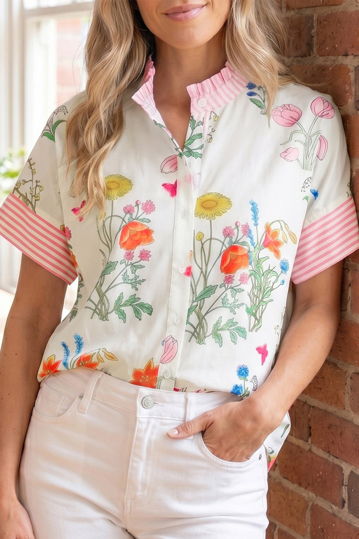 Beige Floral Striped Patchwork Ruffled Collar Shirt