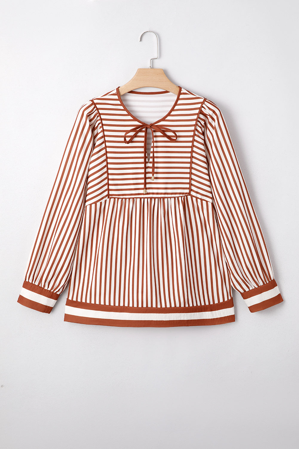 Brown Stripe Babydoll Long Sleeve Blouse