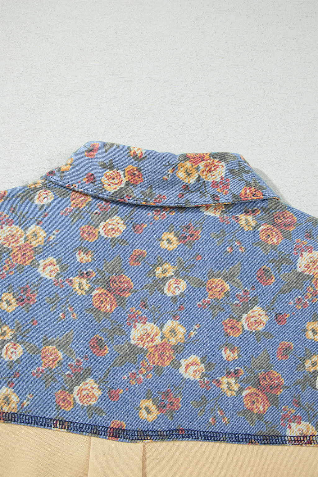 Floral Denim Patchwork Collar Long Sleeve Pullover Top