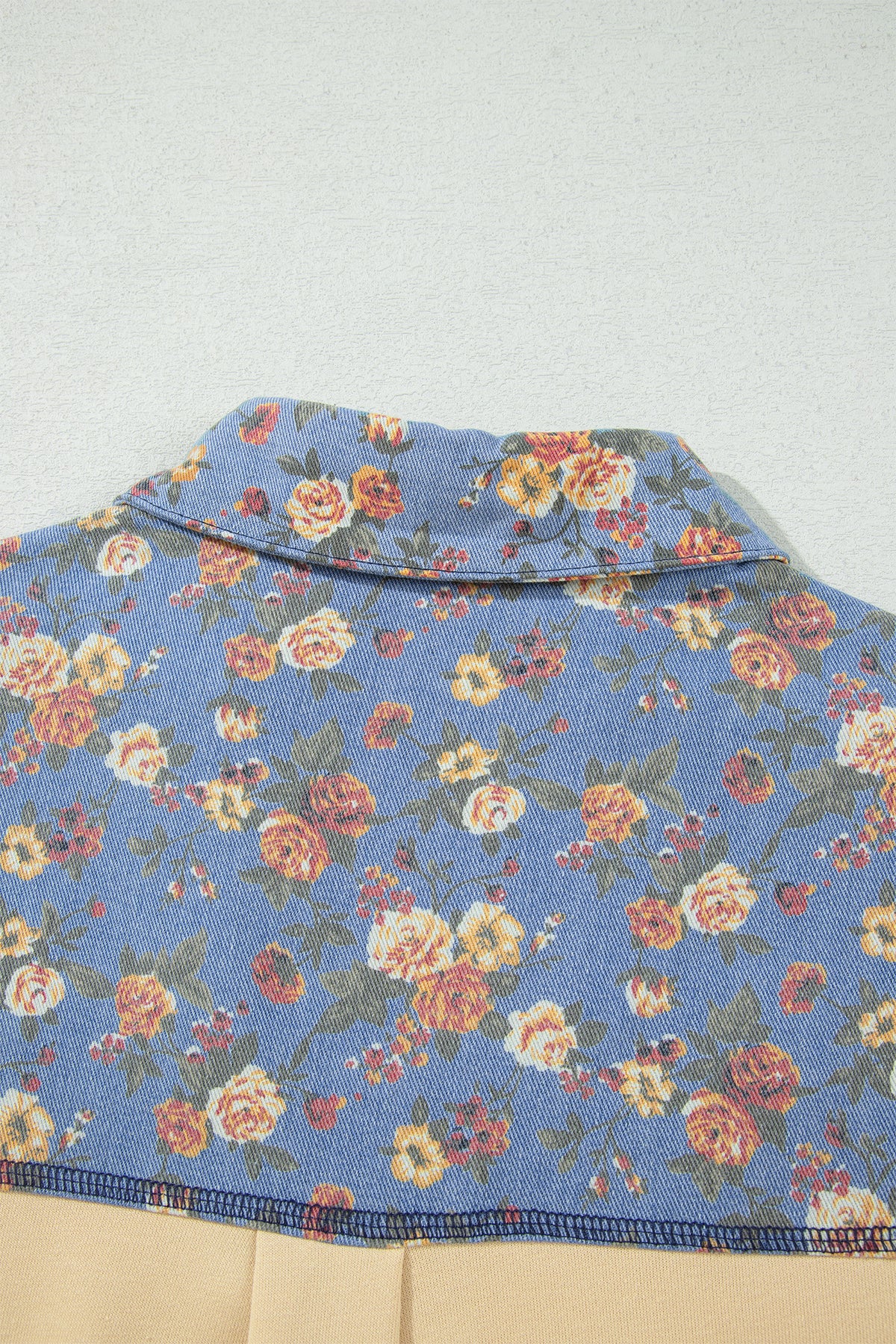 Floral Denim Patchwork Collar Long Sleeve Pullover Top