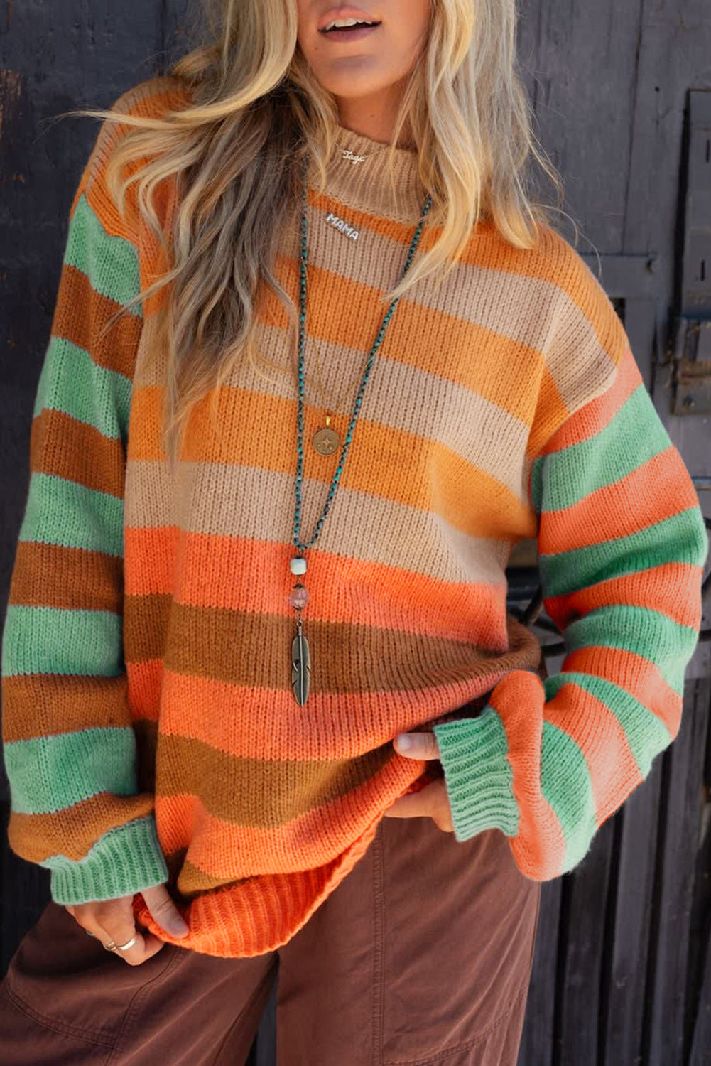 Orange Stripe Color Block High Neck Drop Shoulder Cozy Sweater