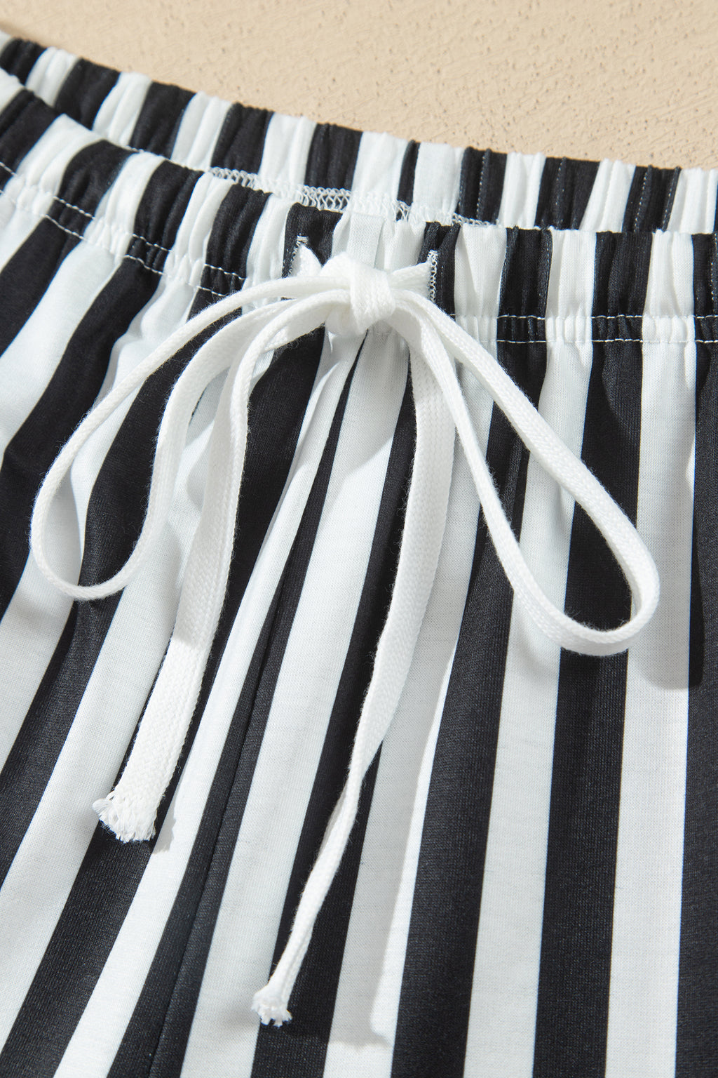 Smoke Green Striped Color Block Pullover Top Drawstring Shorts Set