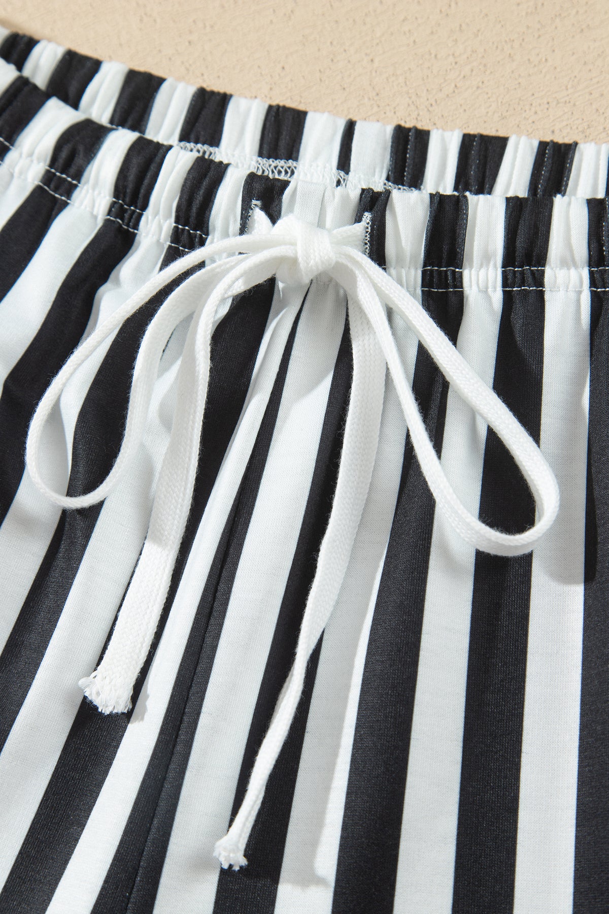 Smoke Green Striped Color Block Pullover Top Drawstring Shorts Set