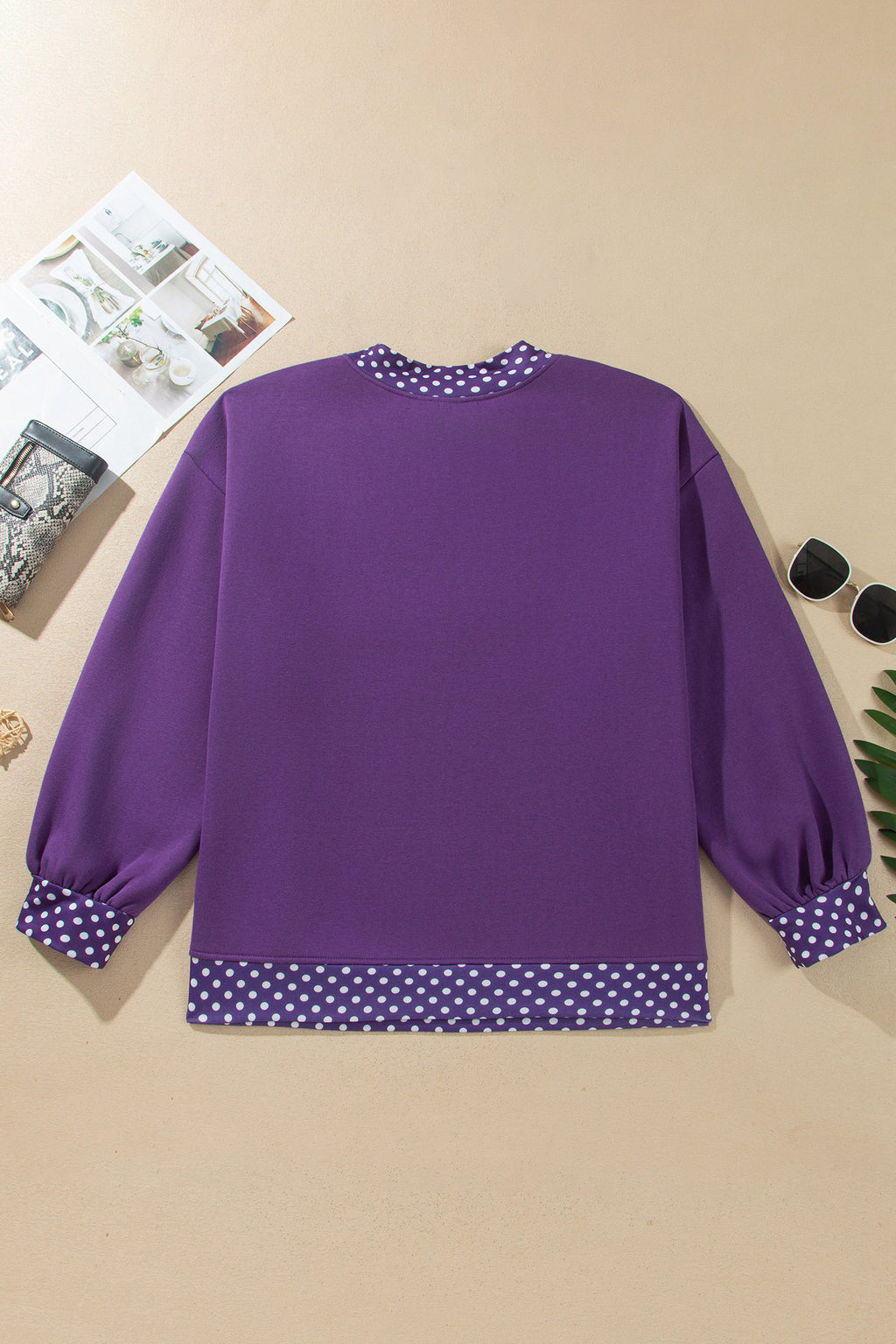 Dirty blue Polka Dot Patchwork Round Neck Plus Size Sweatshirt