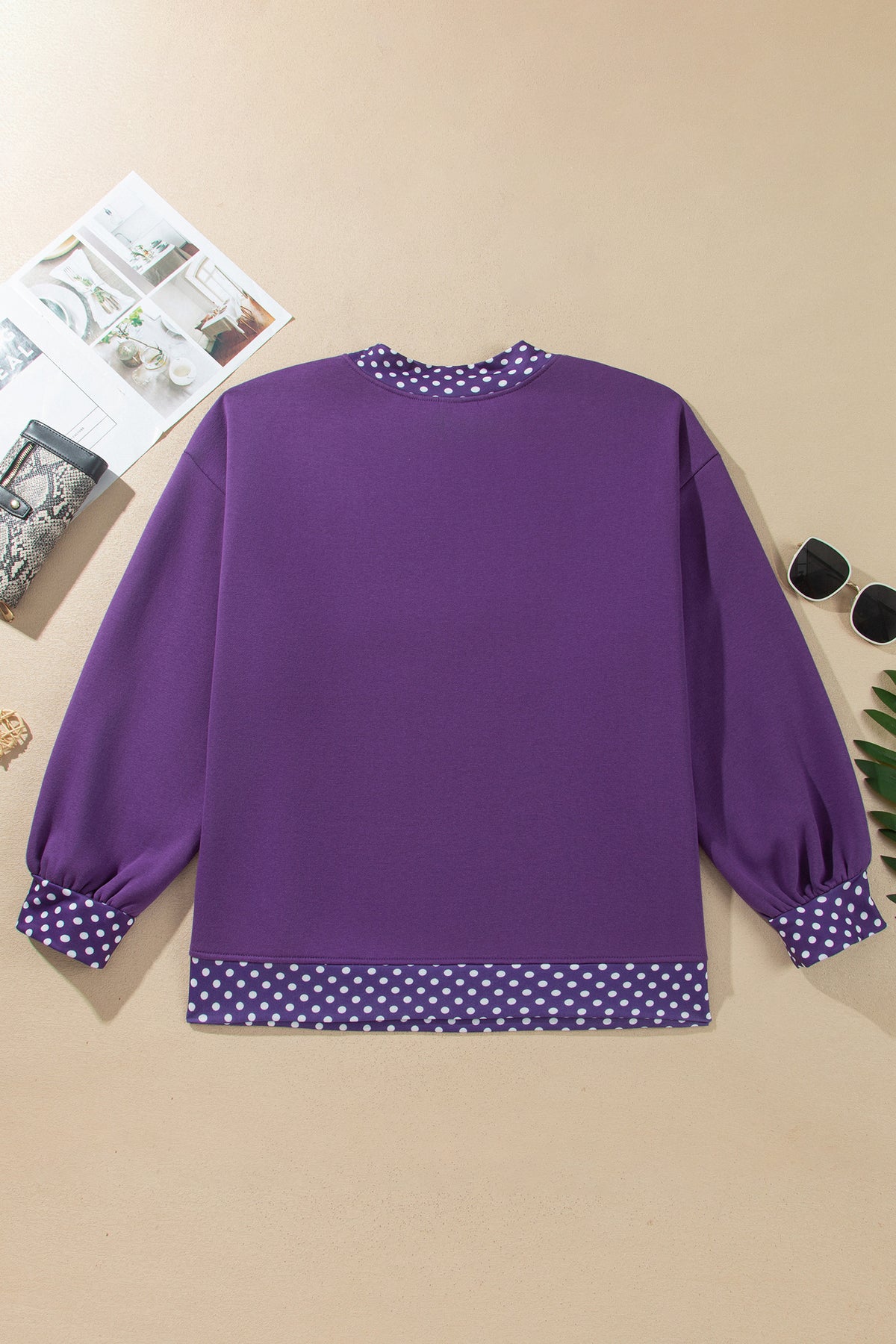 Dirty blue Polka Dot Patchwork Round Neck Plus Size Sweatshirt