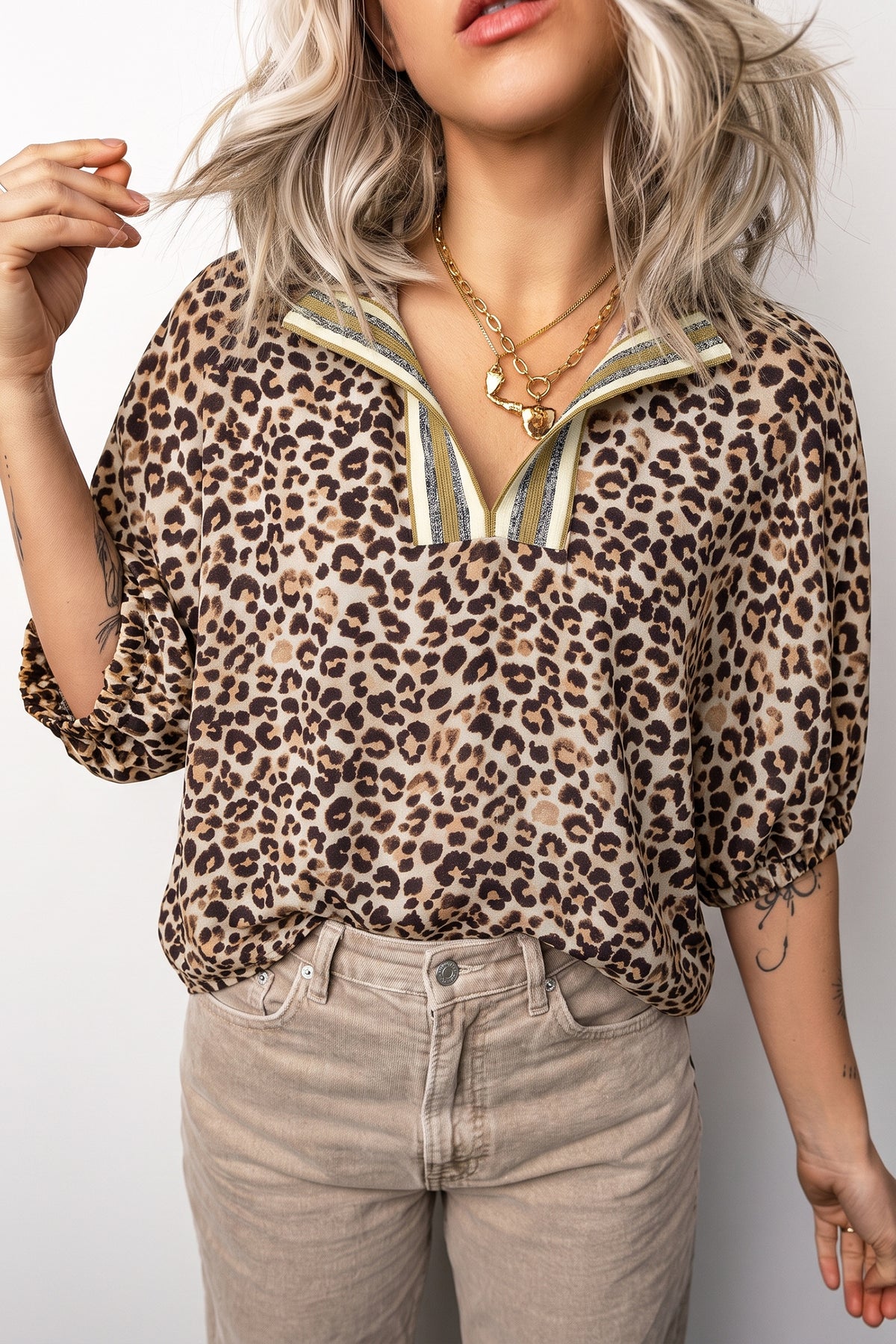 Leopard Half Sleeve Western Dolman Blouse