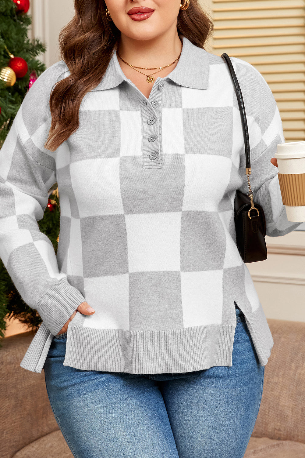 Gray Plus Size Checkered Pattern Button Polo Collar Split Sweater
