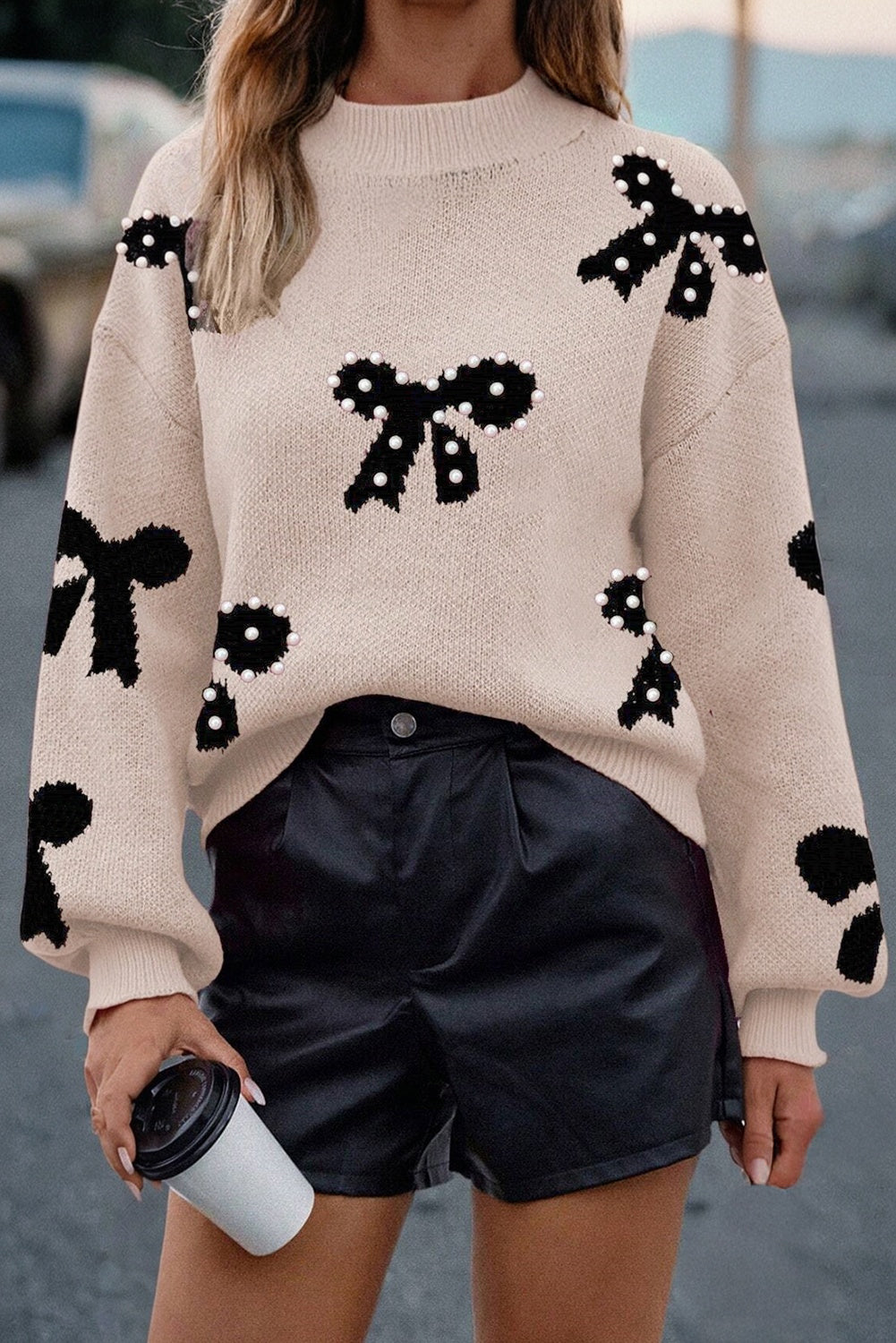 Pink Pearl Embellished Bow Pattern Sweater