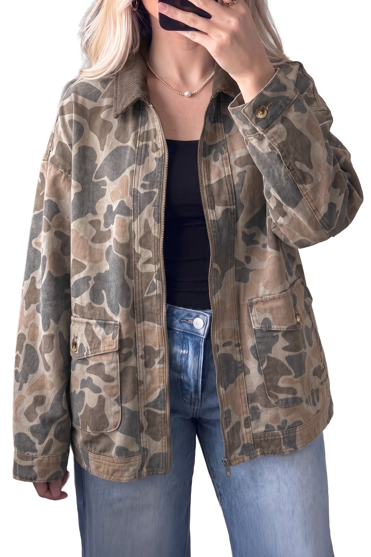 Camouflage Print Corduroy Denim Jacket