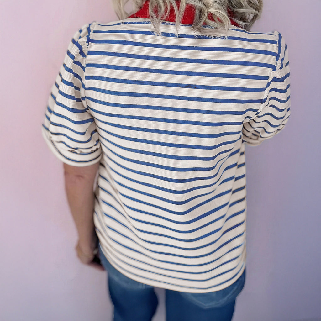 Black Stripe Short Puff Sleeve Blouse