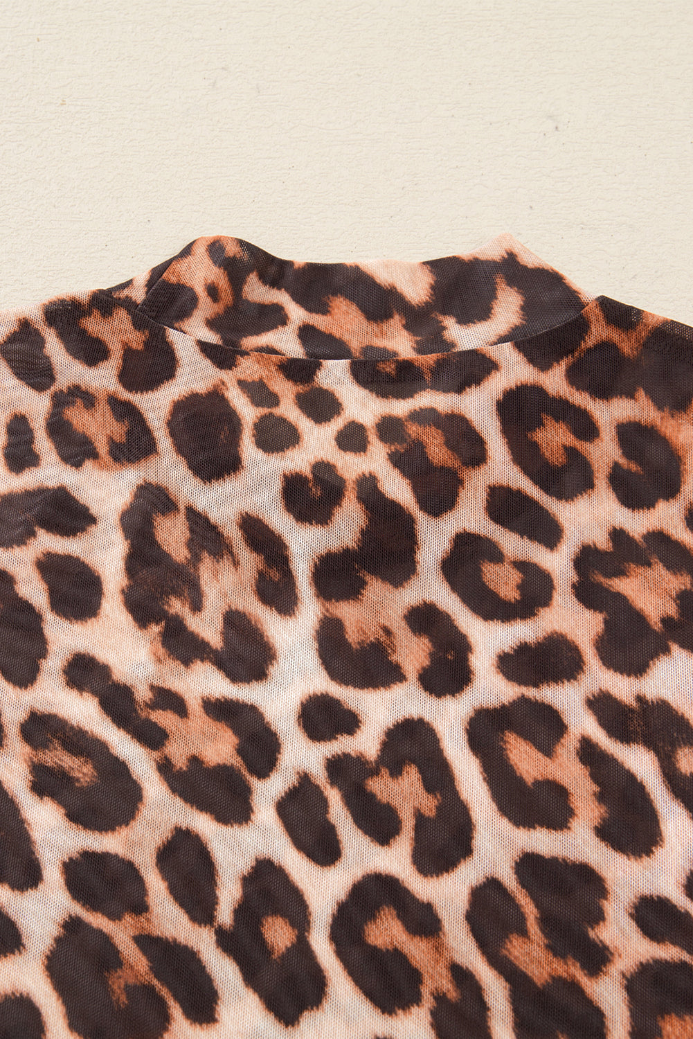 Brown Leopard Mock Neck Long Sleeve Mesh Top