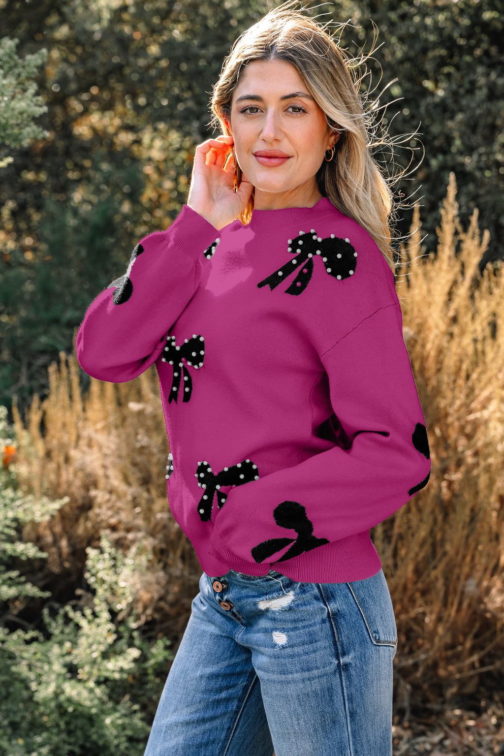 Pink Pearl Embellished Bow Pattern Sweater