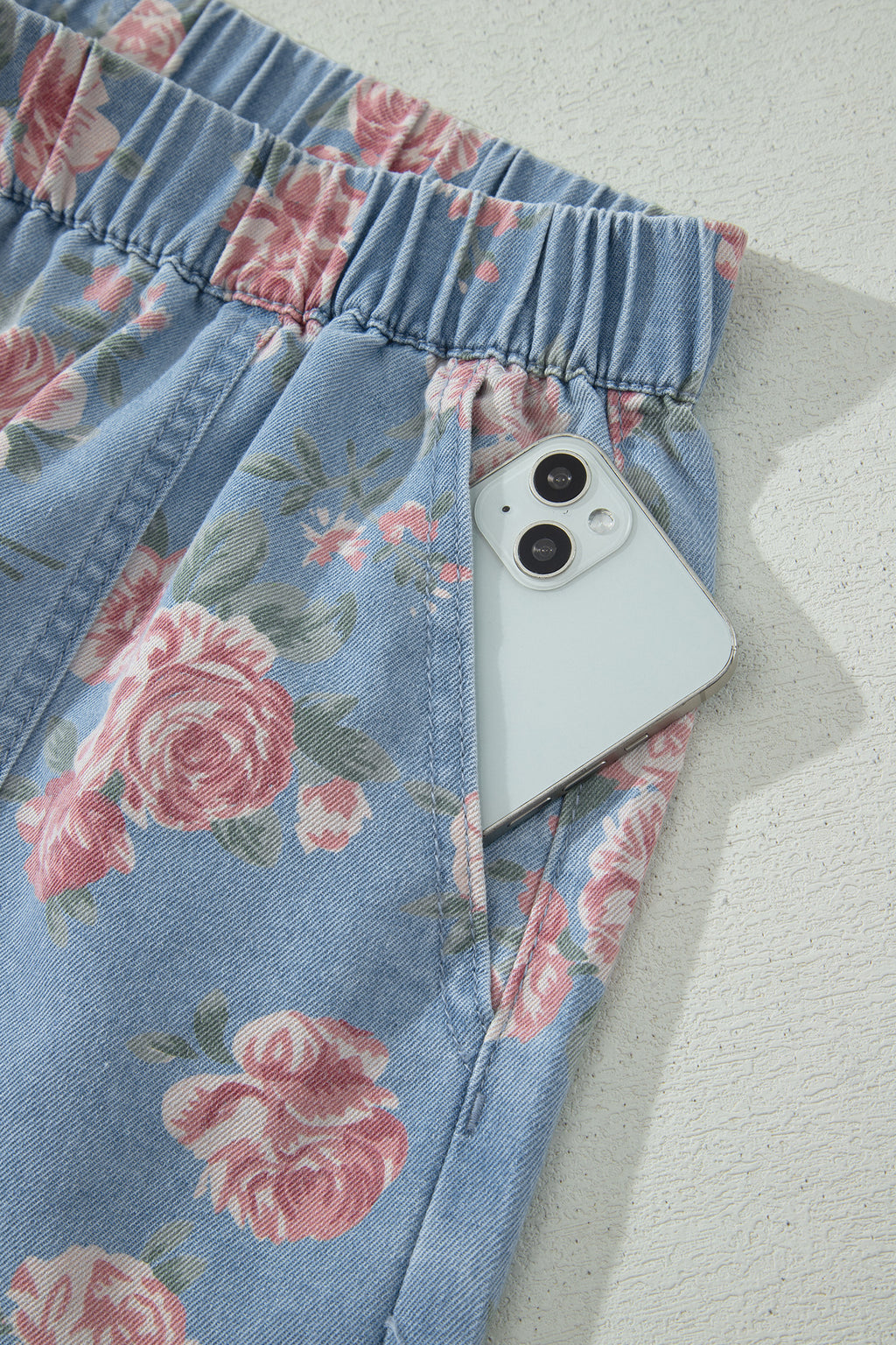 Sky Blue Floral Denim Loose Shorts 2pcs Set