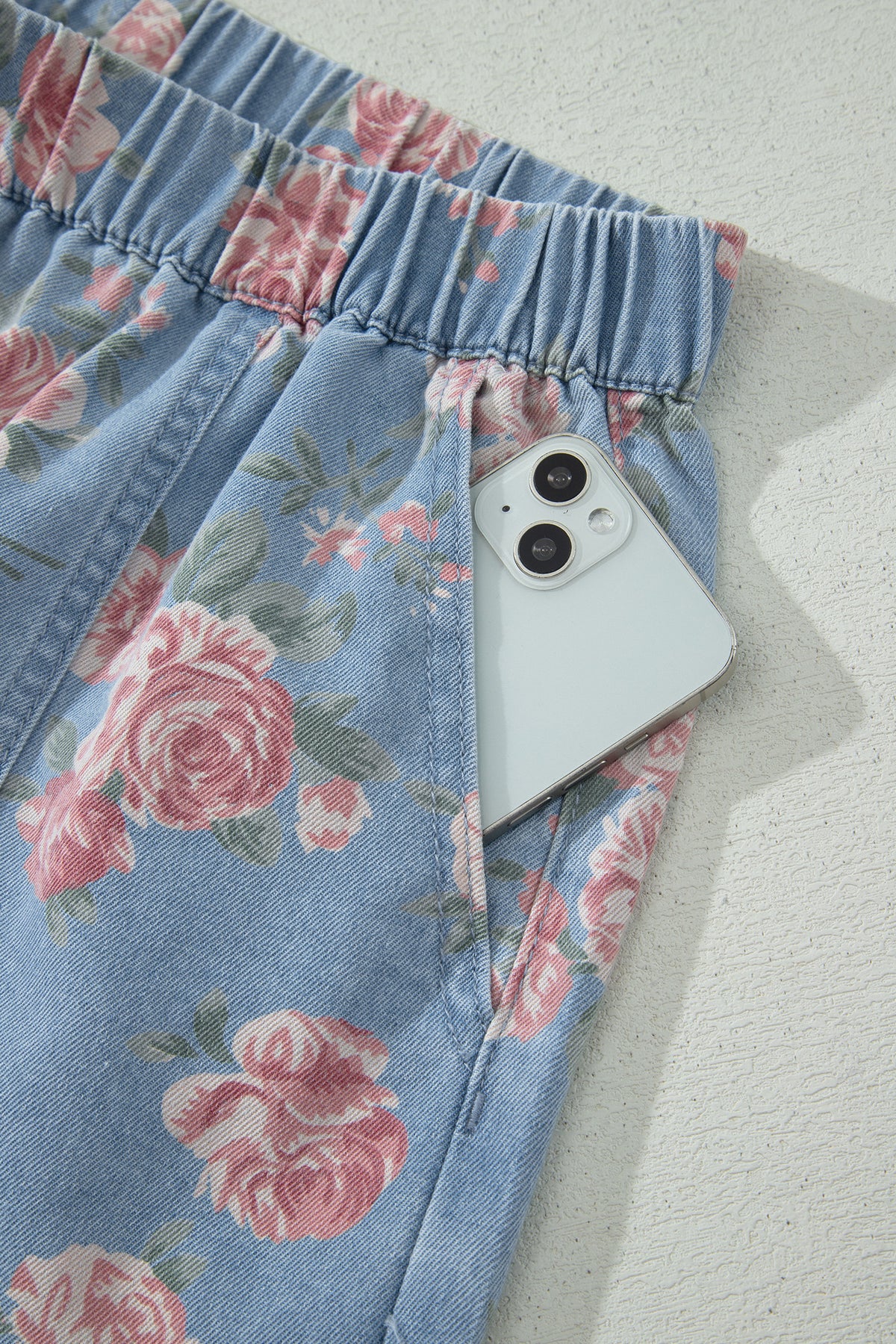 Sky Blue Floral Denim Loose Shorts 2pcs Set