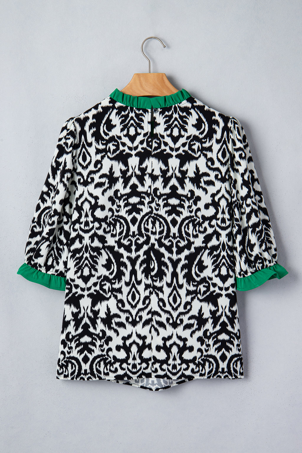Green Damask Print Ruffled Blouse