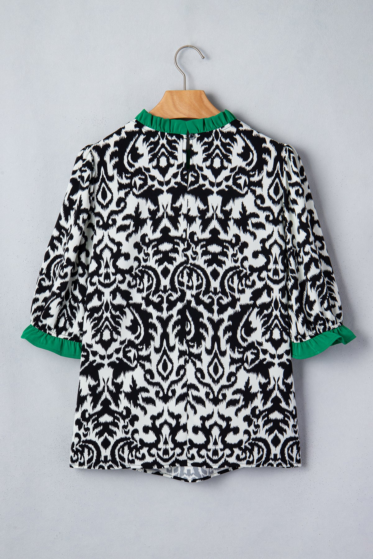 Green Damask Print Ruffled Blouse
