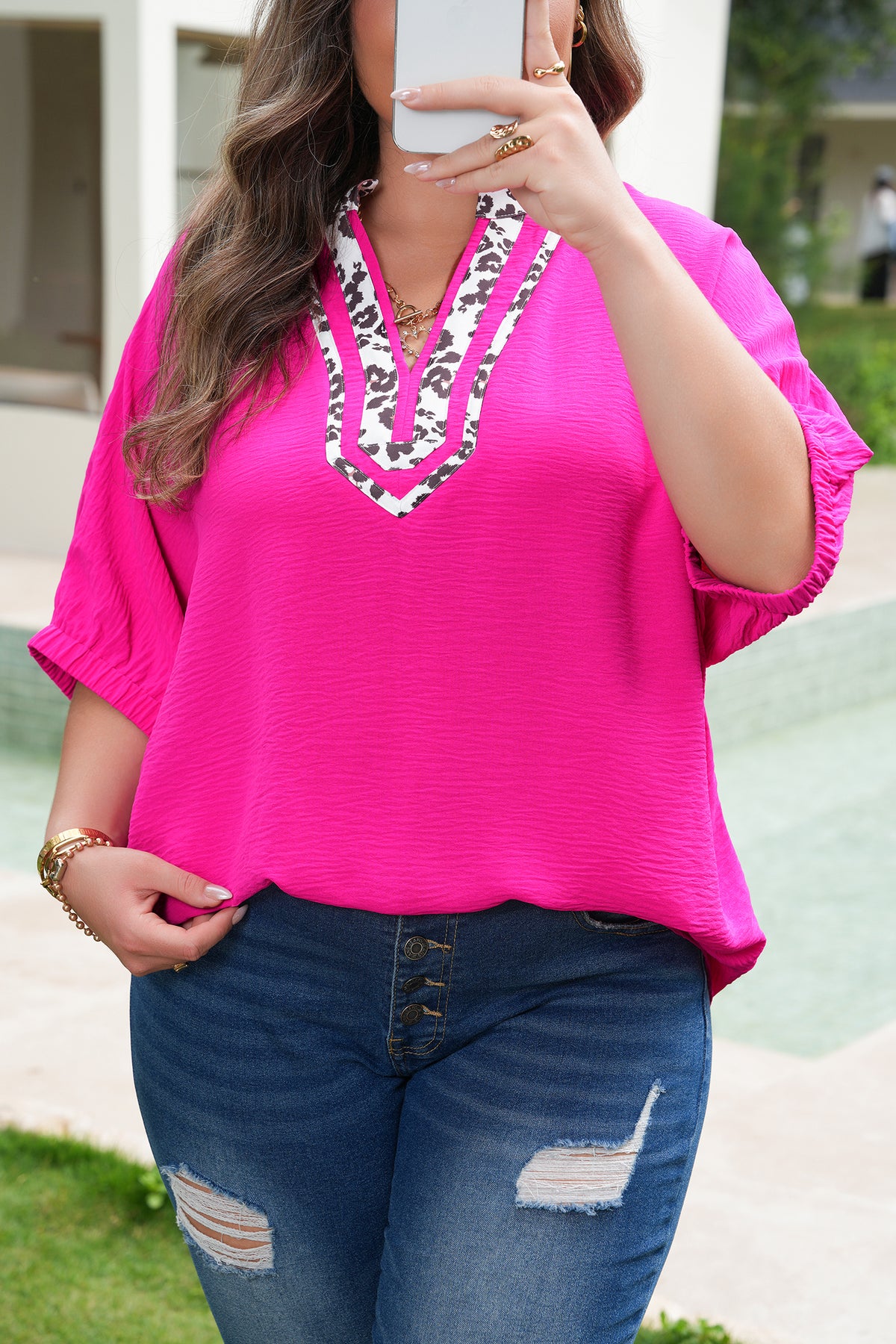 Plus Size Leopard Accent Short Sleeve Top