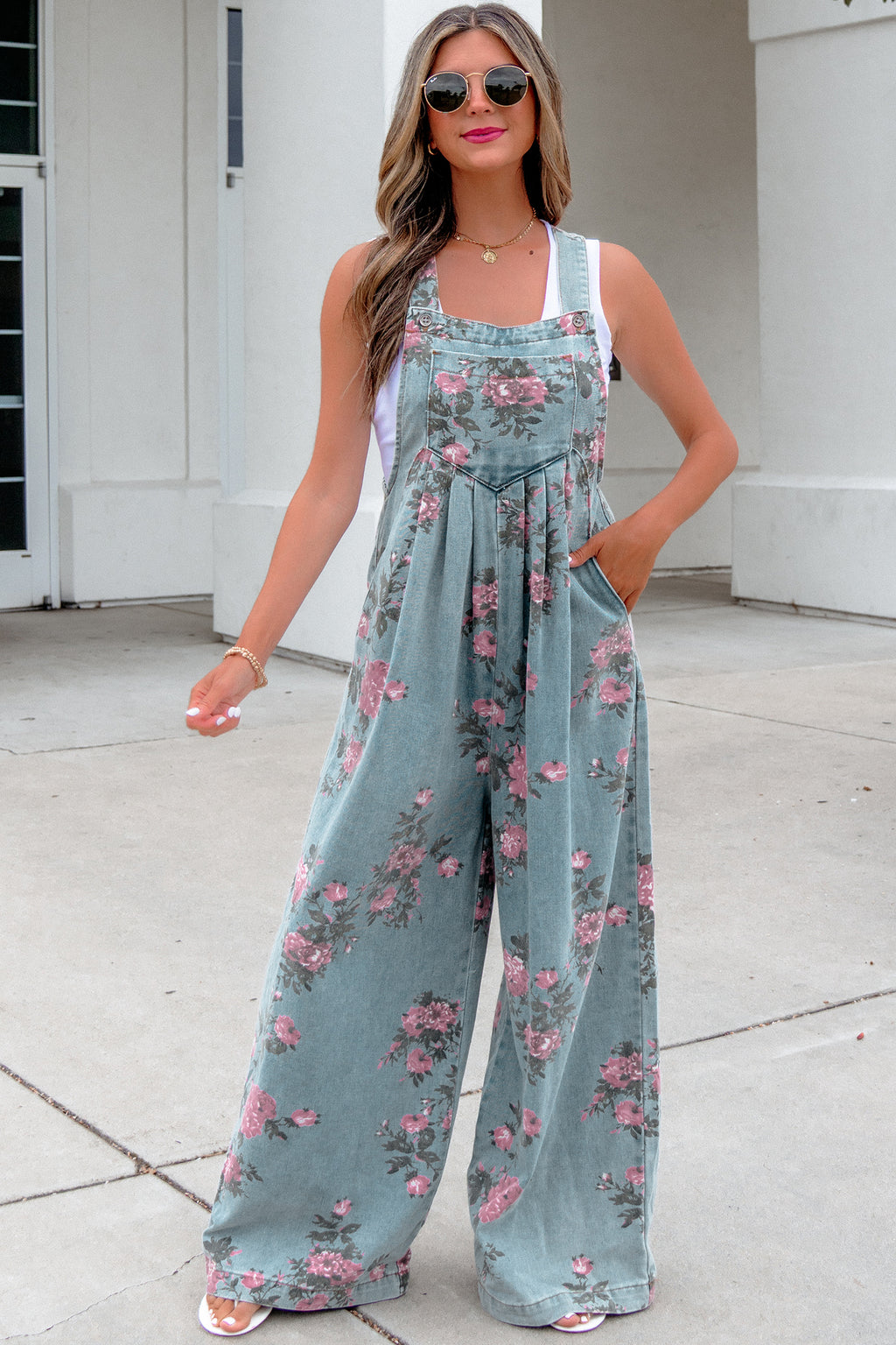 Floral Print Pleated Wide Leg Denim Jumpsuit