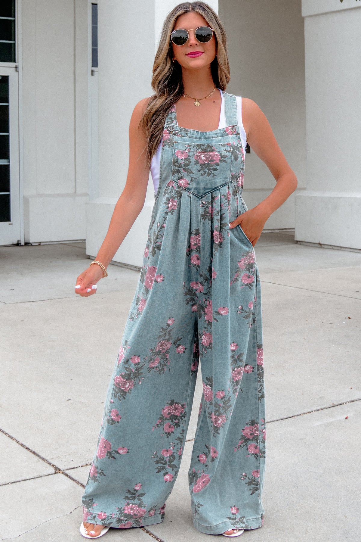 Floral Print Pleated Wide Leg Denim Jumpsuit