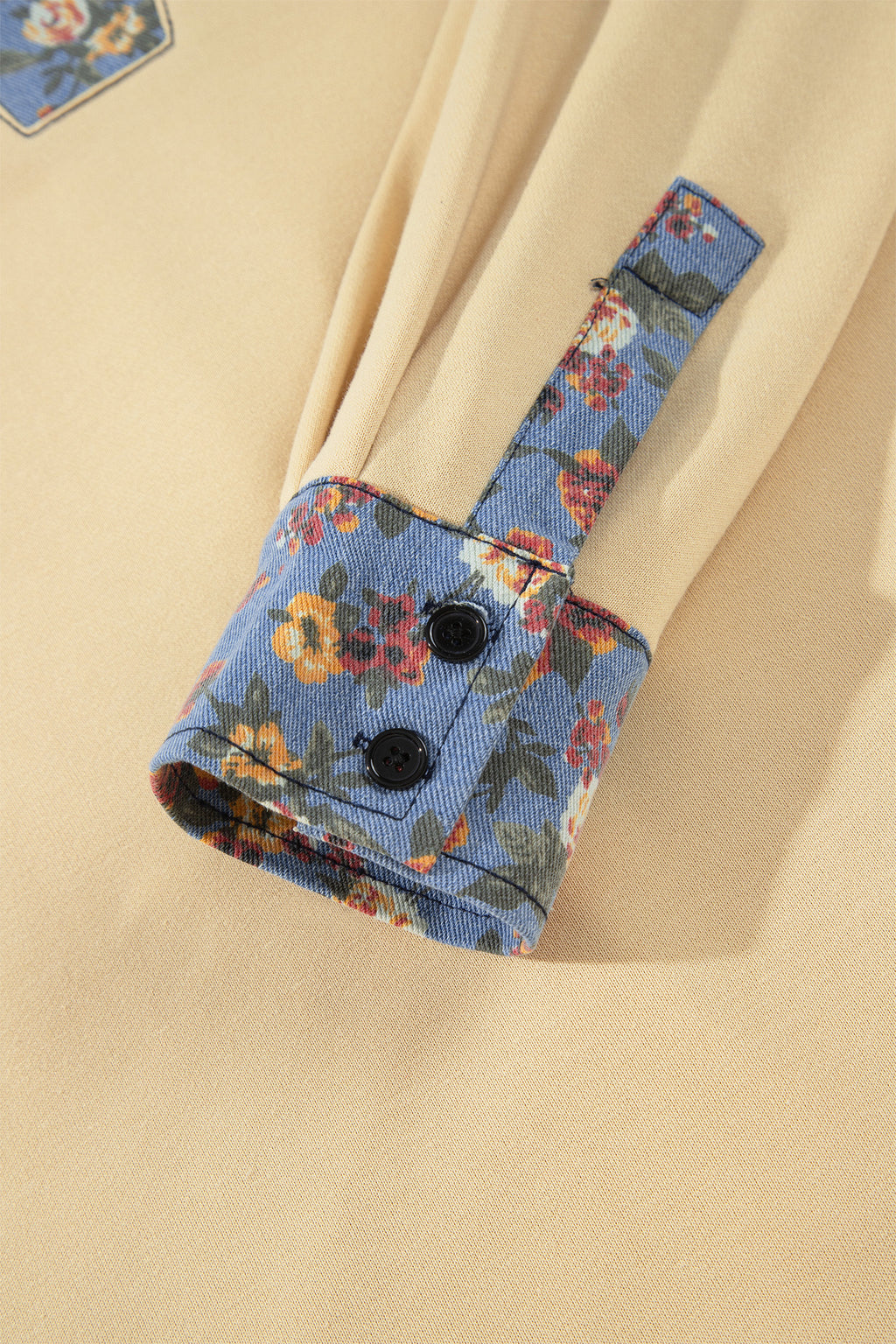 Floral Denim Patchwork Collar Long Sleeve Pullover Top