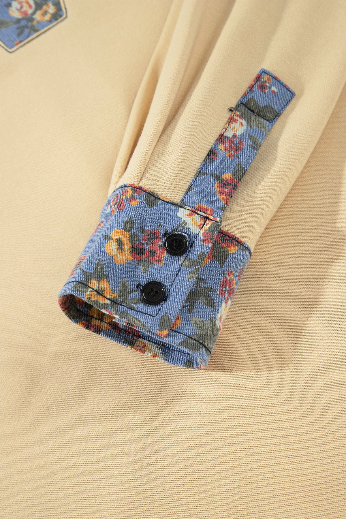 Floral Denim Patchwork Collar Long Sleeve Pullover Top