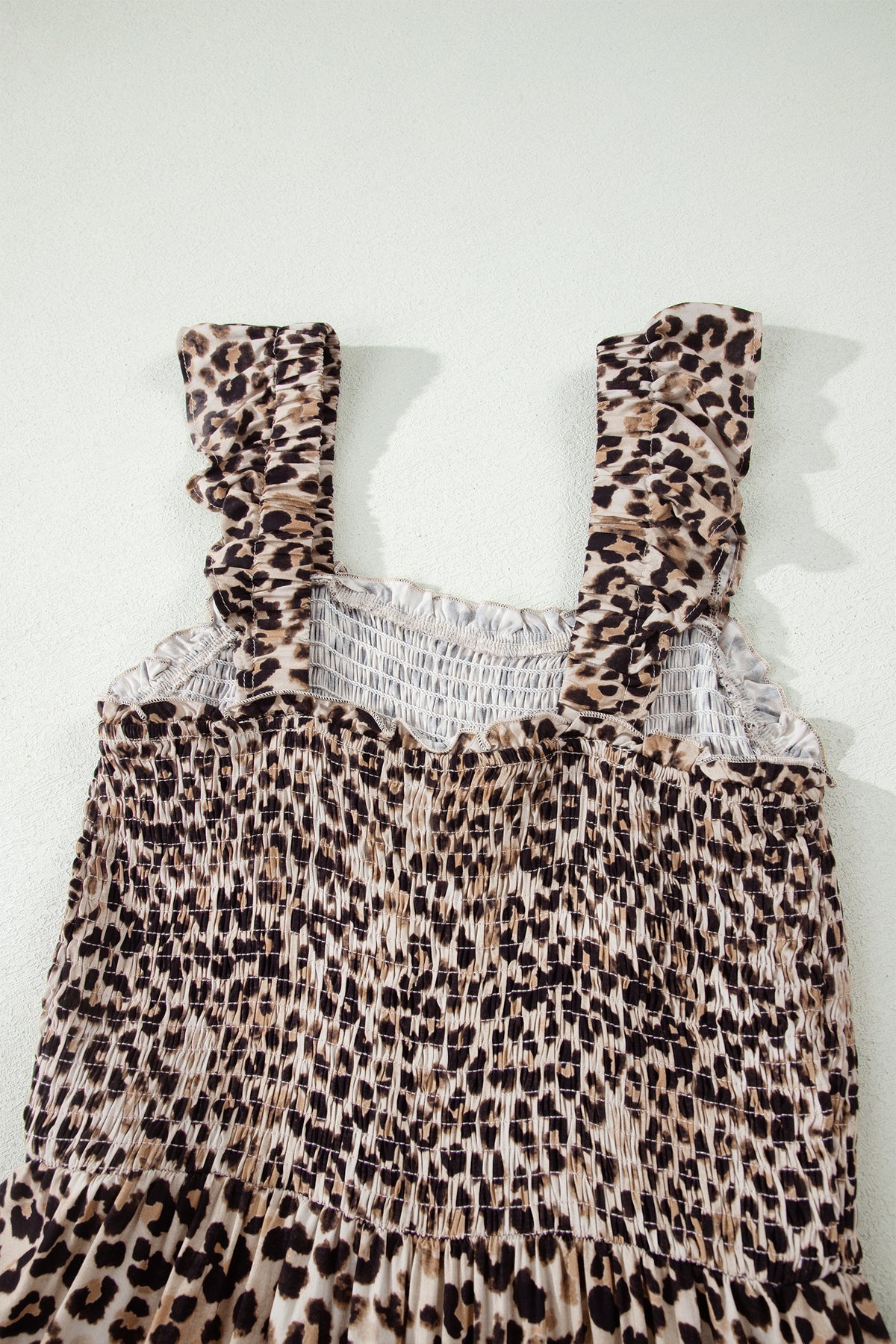 Brown Ruffled Straps Smocked Tiered Leopard Maxi Dress