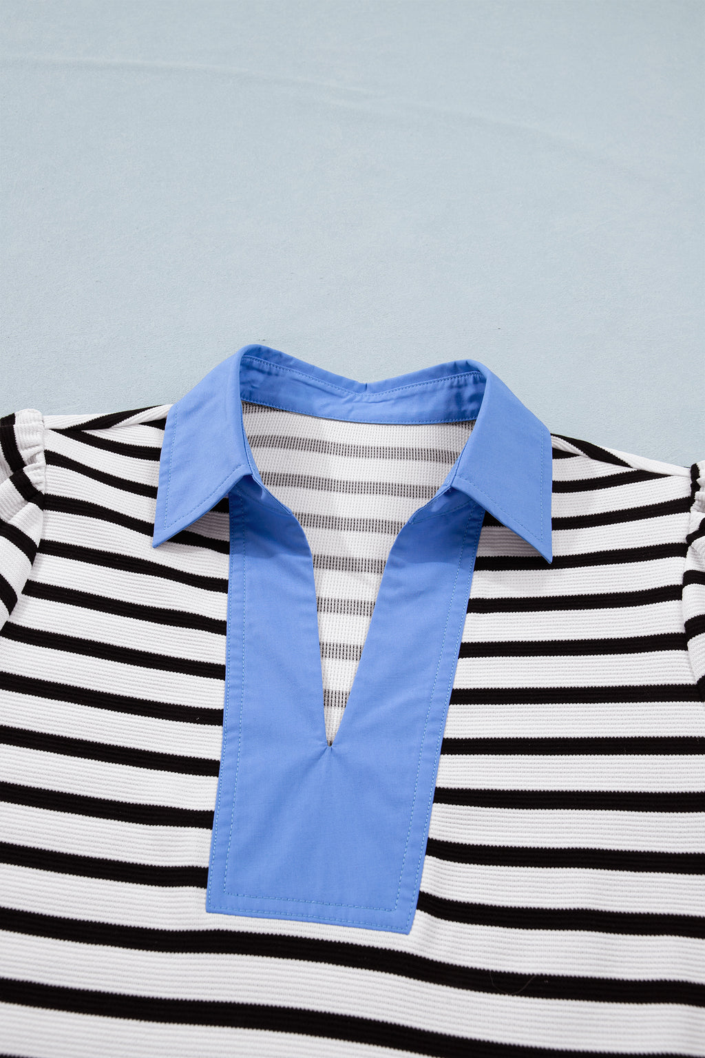 Black Stripe Short Puff Sleeve Blouse
