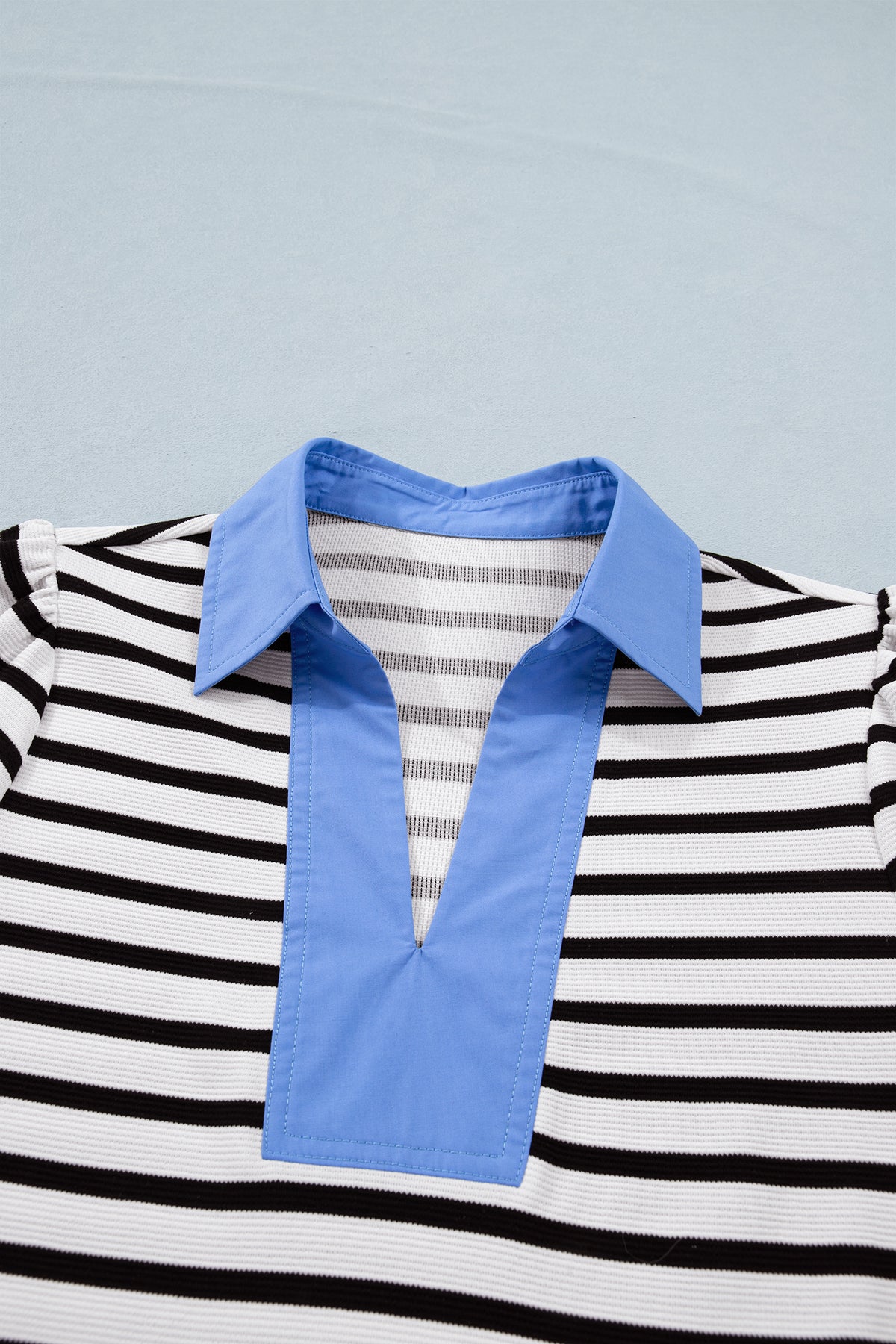 Black Stripe Short Puff Sleeve Blouse