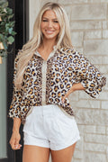 Khaki Leopard Patchwork 3/4 Sleeve Loose Shirt